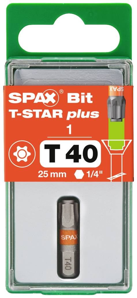 SPAX Bit T-STAR plus, 25 mm, maat T40, 1 stuk in groene kunststof verpakking, geschikt voor schroevendraaiers met 1/4 inch opname.