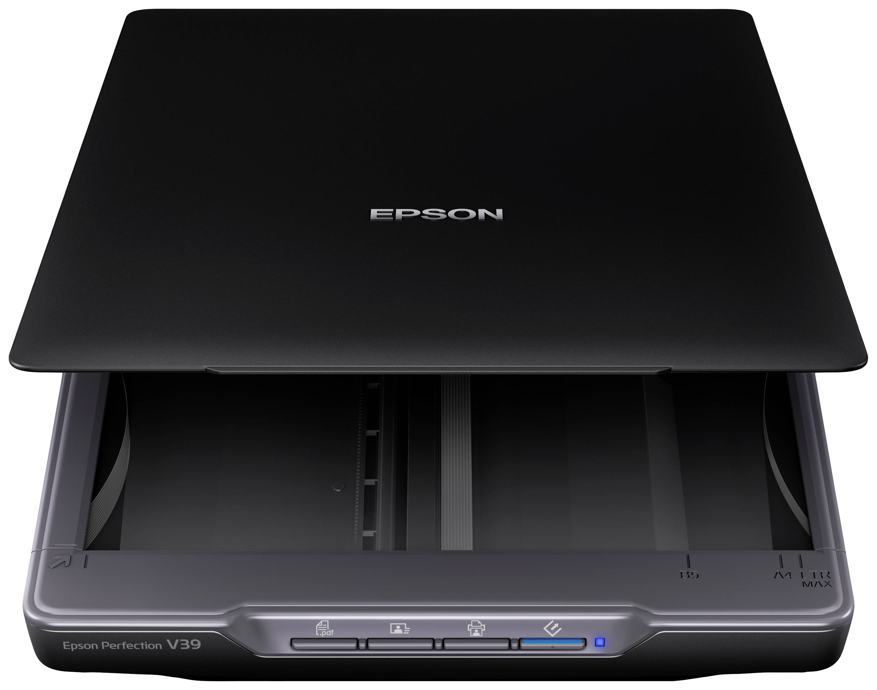 Flatbed-scanner met open deksel, toont de binnenkant van het scanoppervlak. Merklogo op het deksel, bedieningsknoppen vooraan zichtbaar.