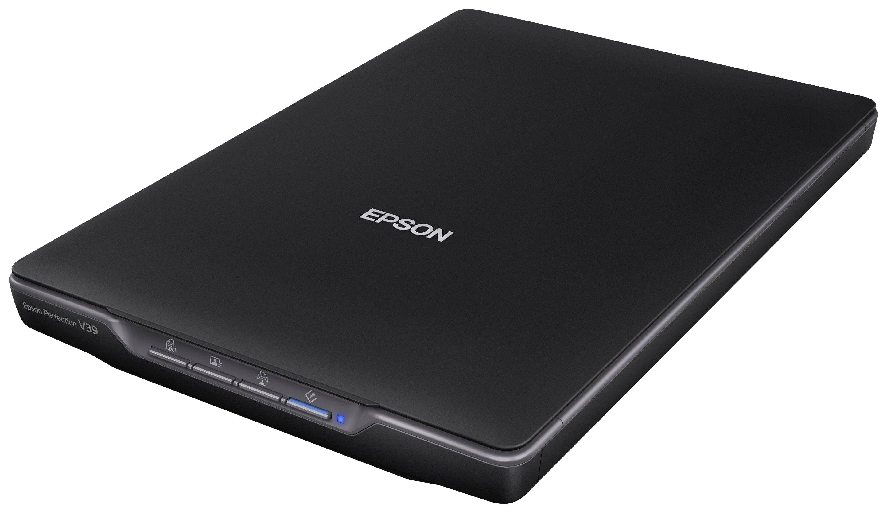 Epson flatbed-scanner in zwarte kleur, slank ontwerp met bedieningsknoppen aan de voorkant.