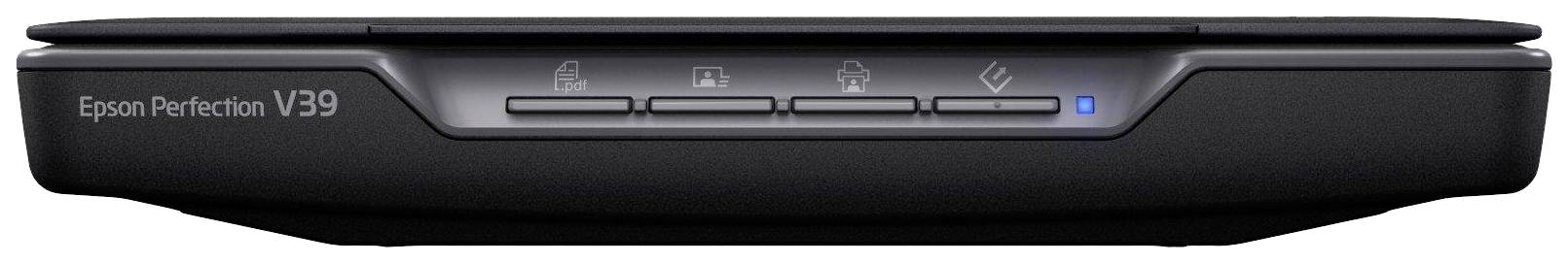 Een platte scanner met het opschrift 'Epson Perfection V39', een rij bedieningsknoppen aan de voorkant en een blauwe LED-indicator.