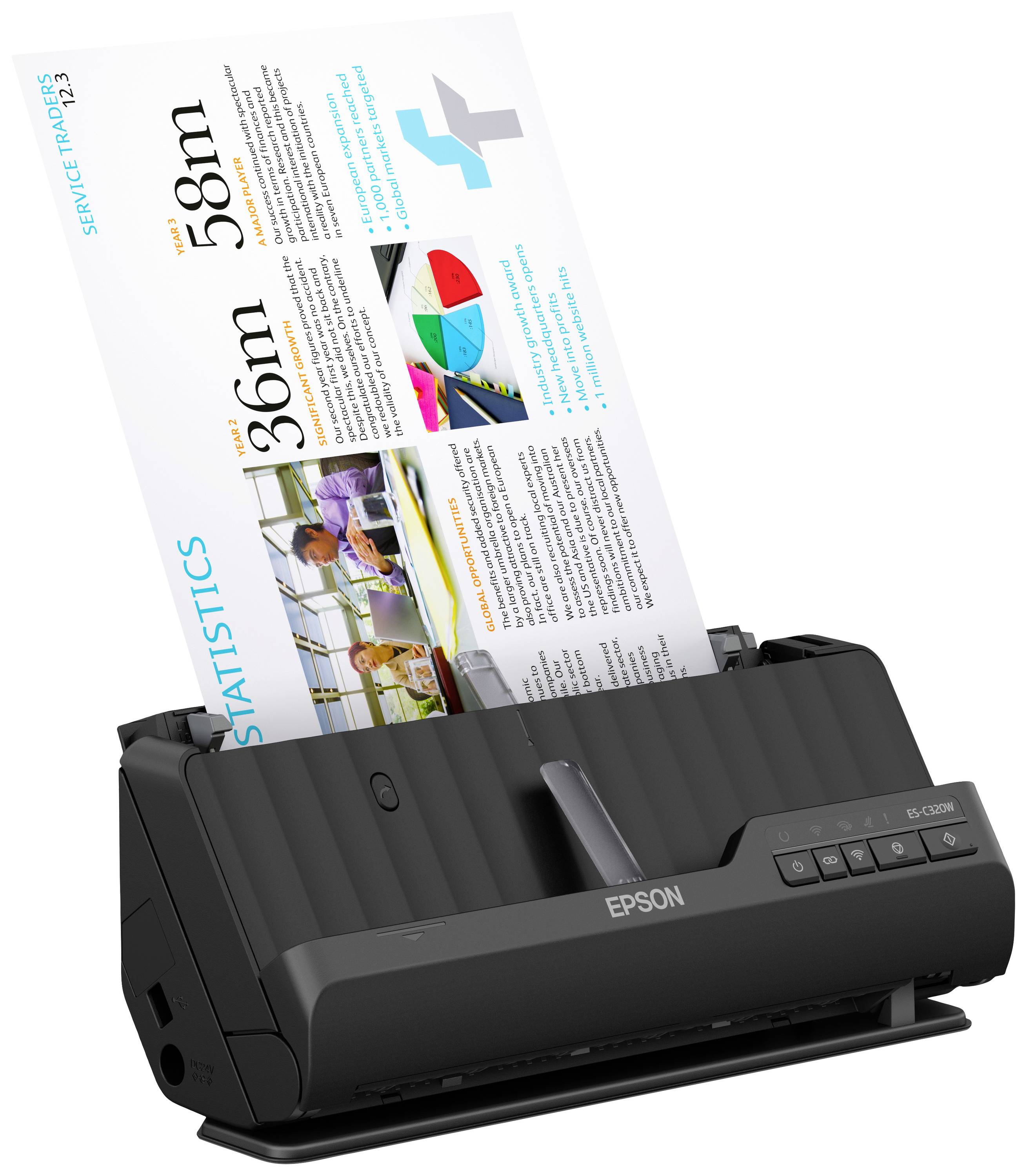 Een Epson-scanner scant een document met gekleurde diagrammen en tekst die 58 meter en 36 meter aangeeft. Het onderwerp is statistieken.