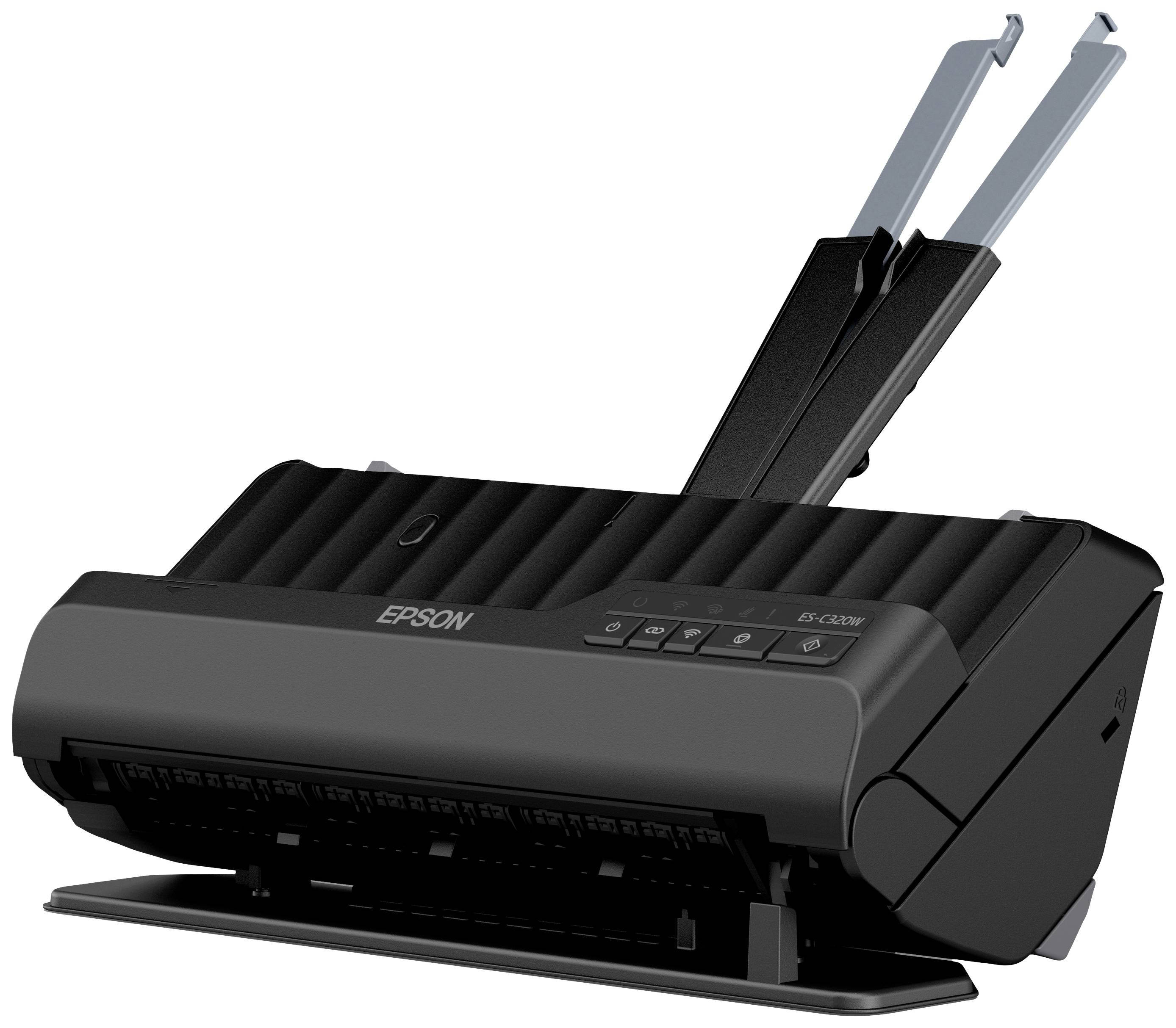 Een zwarte, compacte scanner van Epson met bovenaan invoer, geschikt voor het snel scannen van meerdere documenstapels.