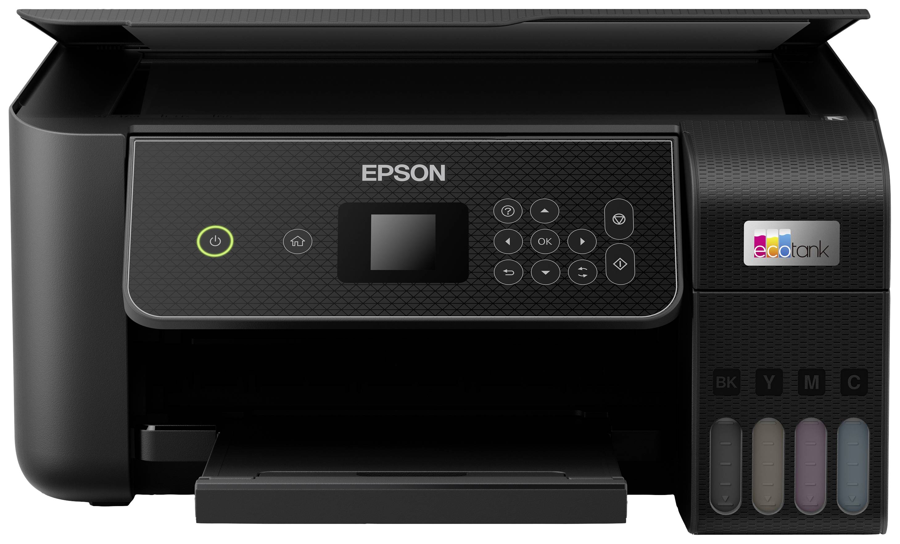 Een zwarte Epson-printer met EcoTank-systeem, herkenbaar aan de vier inktreservoirs aan de rechterkant, voor kleurenafdrukken.