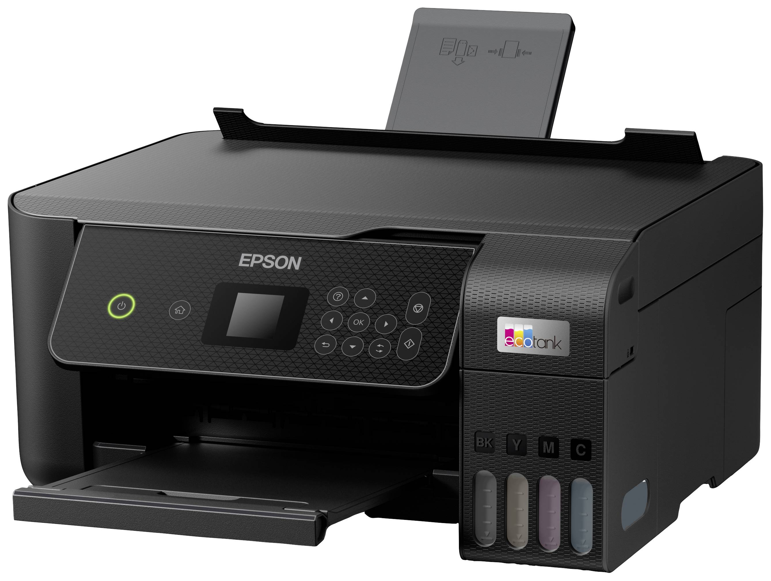 Een zwarte Epson-printer met bedieningspaneel, kleurendisplay en papierinvoer. Ideaal voor thuis- of kantoorgebruik.
