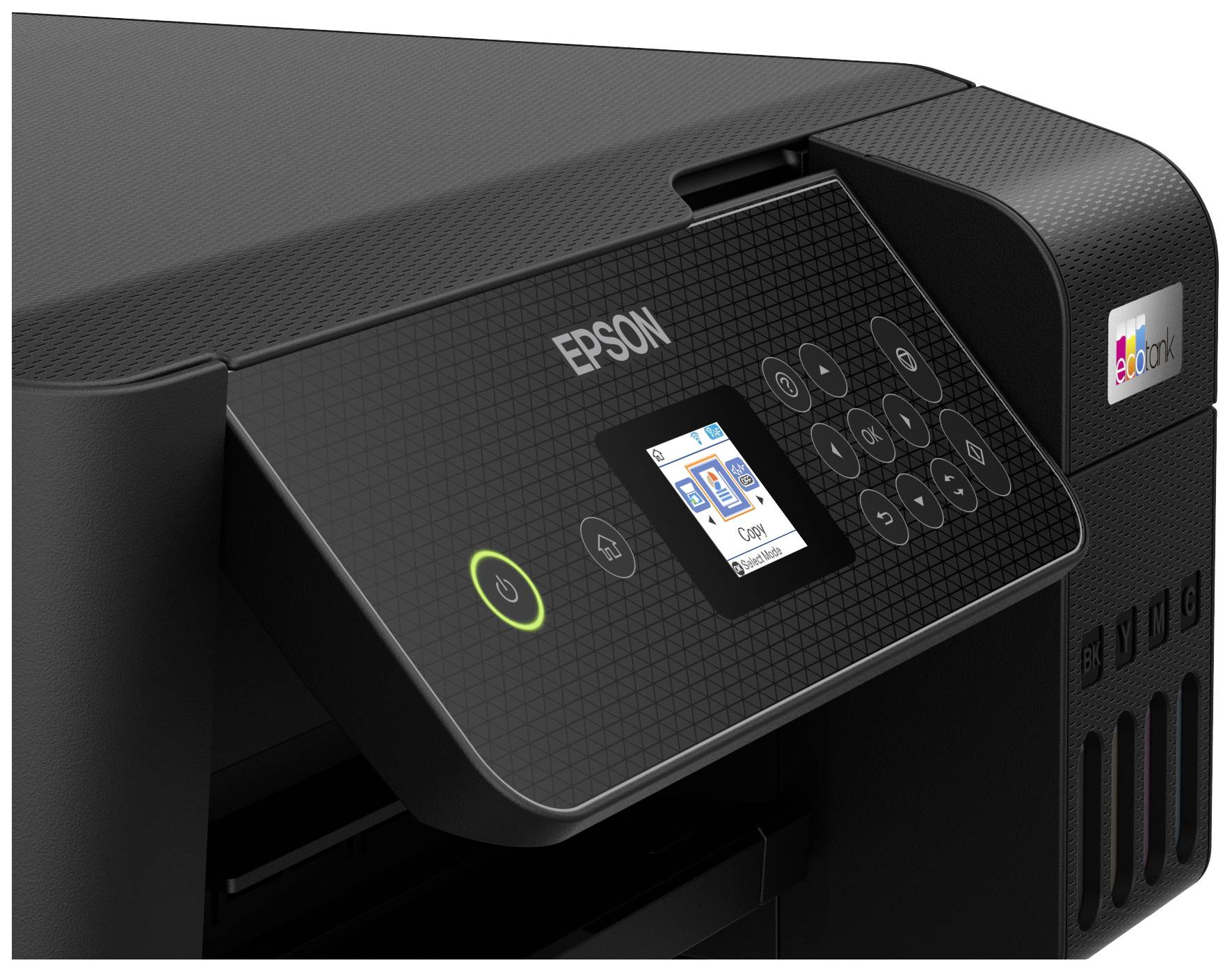 Een zwarte Epson-printer met bedieningspaneel en digitaal display. De aan-uitknop brandt groen.