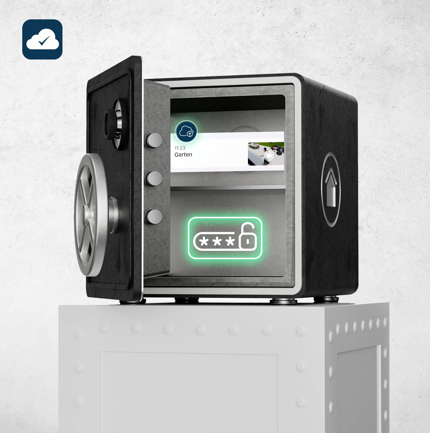 Een geopende kluis toont een digitaal display met beveiligingssymbolen en tekst: 'Tuin'. Een slot-symbool geeft vrijgave aan.