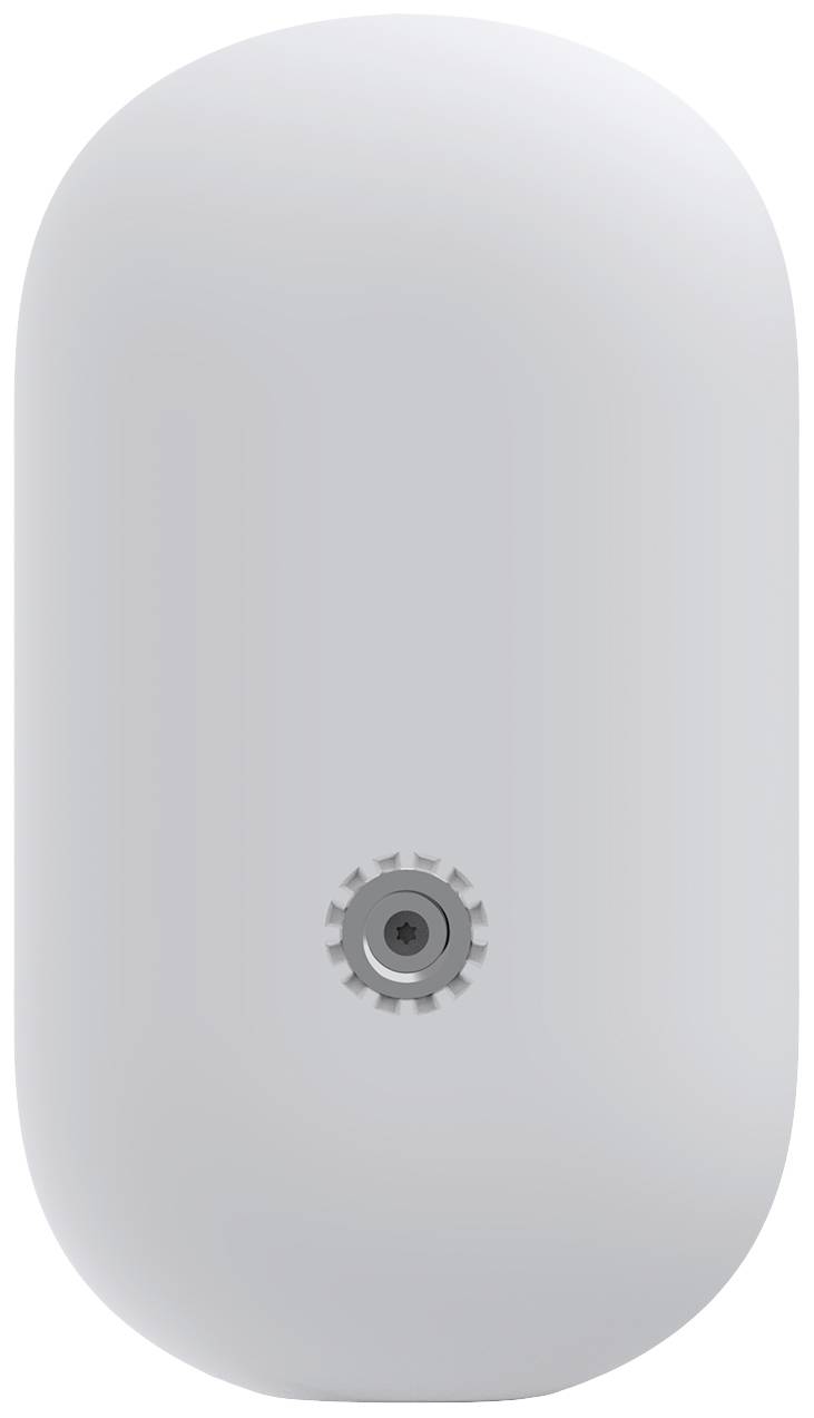 Een wit, ovaal apparaat met een kleine, centrale lens dat mogelijk een camera of sensor zou kunnen zijn.