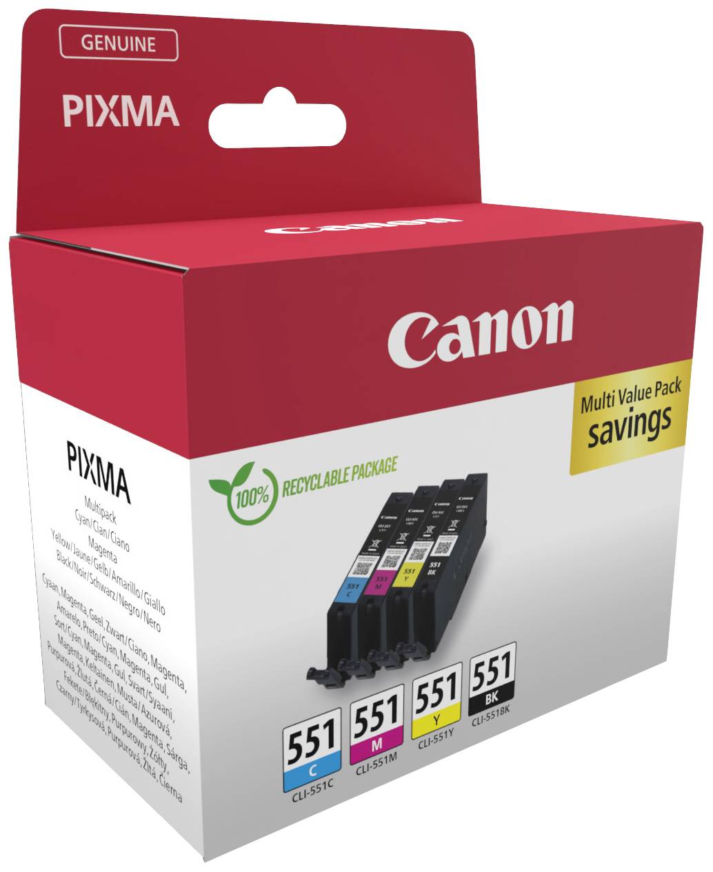 Pakket met vier Canon PIXMA inktpatronen in de kleuren Zwart, Rood, Blauw en Geel. Op de verpakking staat 'Multi Value Pack besparingen'.