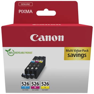'Canon Pixma Multipack' met drie inktpatronen in de kleuren Cyaan, Magenta en Geel, recyclebare verpakking.