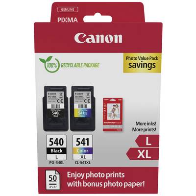 'Canon PIXMA' packaging shows two ink cartridges, Black and Color, with bonus photo paper. 100% recyclable packaging. Special offer.