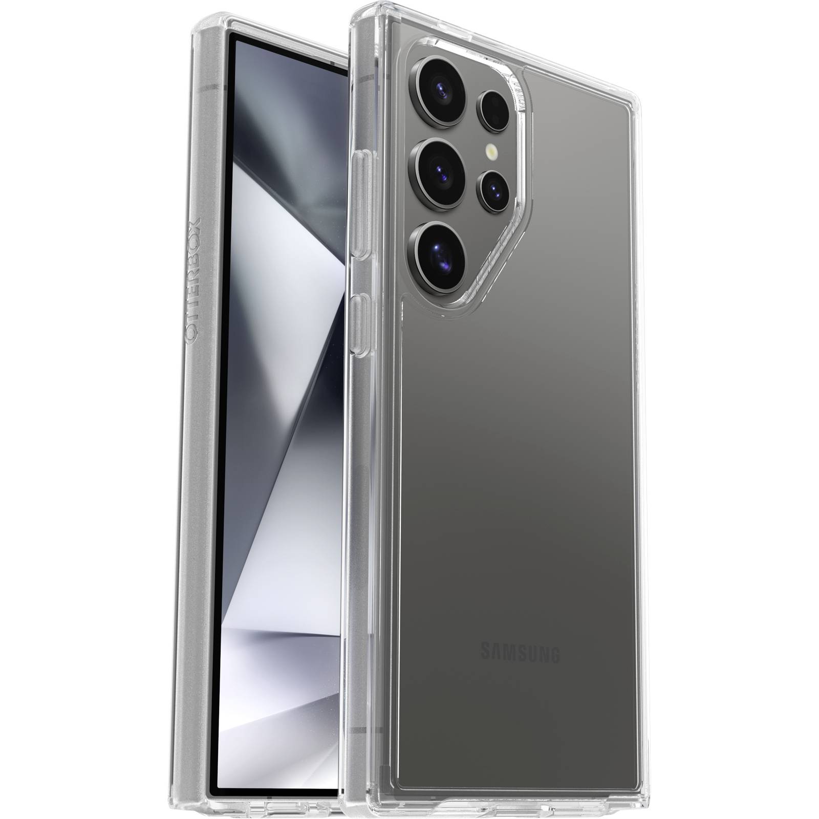 Een smartphone met een transparante beschermhoes toont de achterkant met meerdere cameralenzen en de zijdelingse weergave van het display.