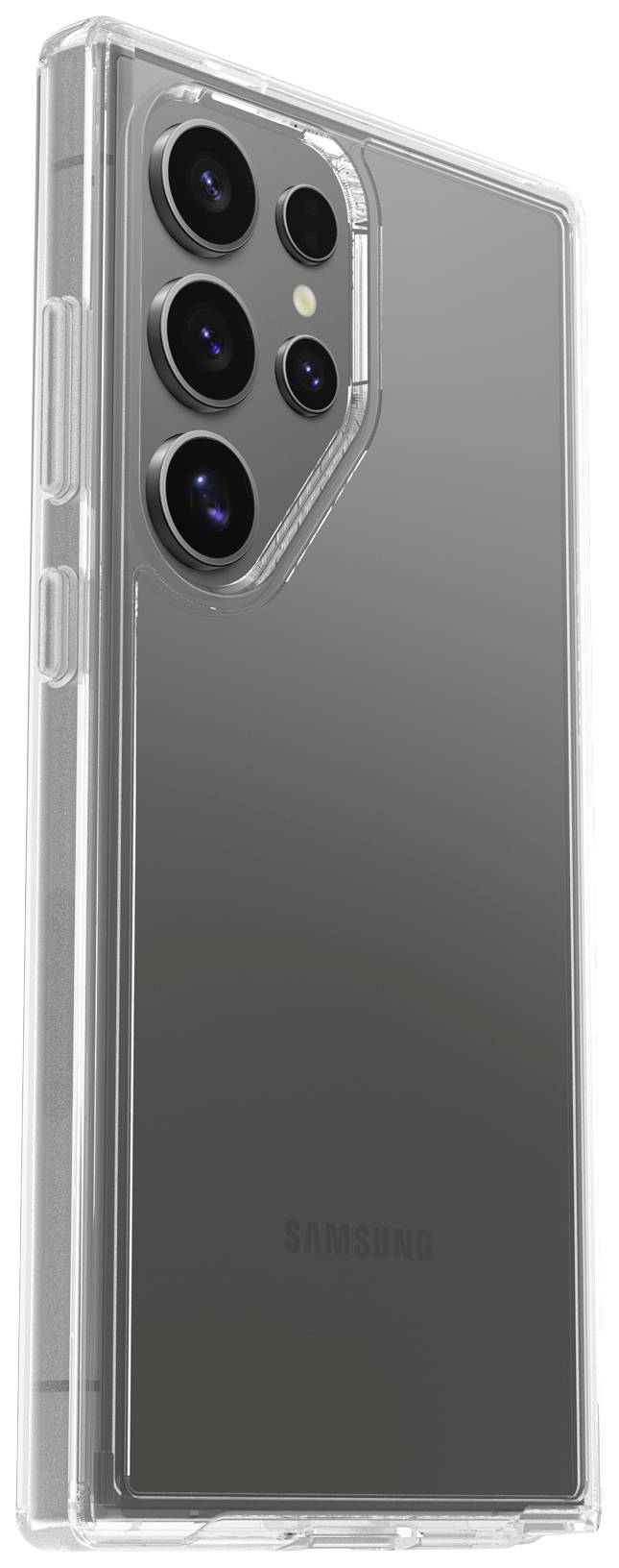 Achterkant van een smartphone in een transparante hoes, toont vier cameraloze bovenaan links. Merknaam 'Samsung' onderaan zichtbaar.