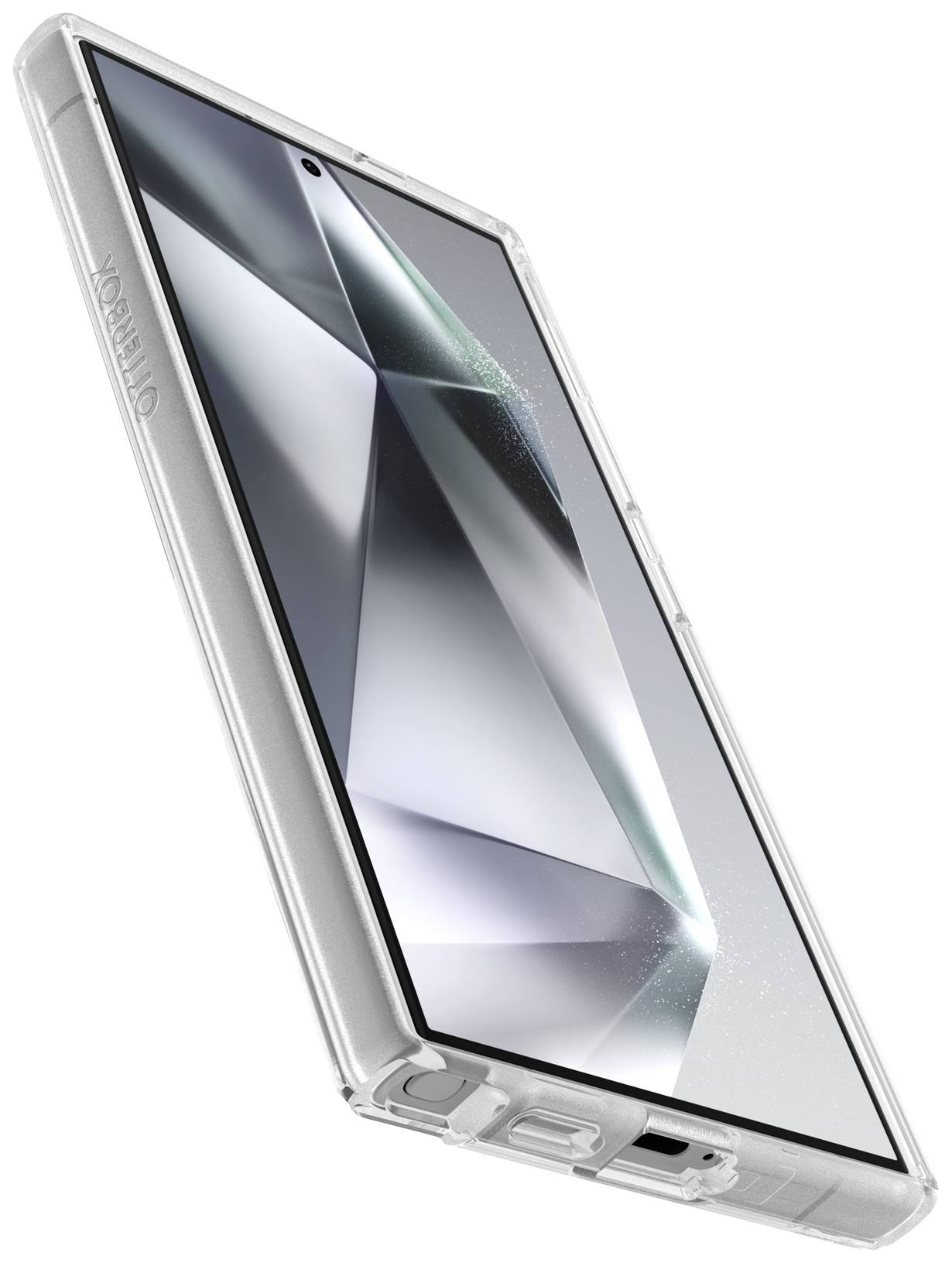 Een modern smartphone met een transparante behuizing, rechtop staand, toont een stijlvol, geometrisch design op het scherm.