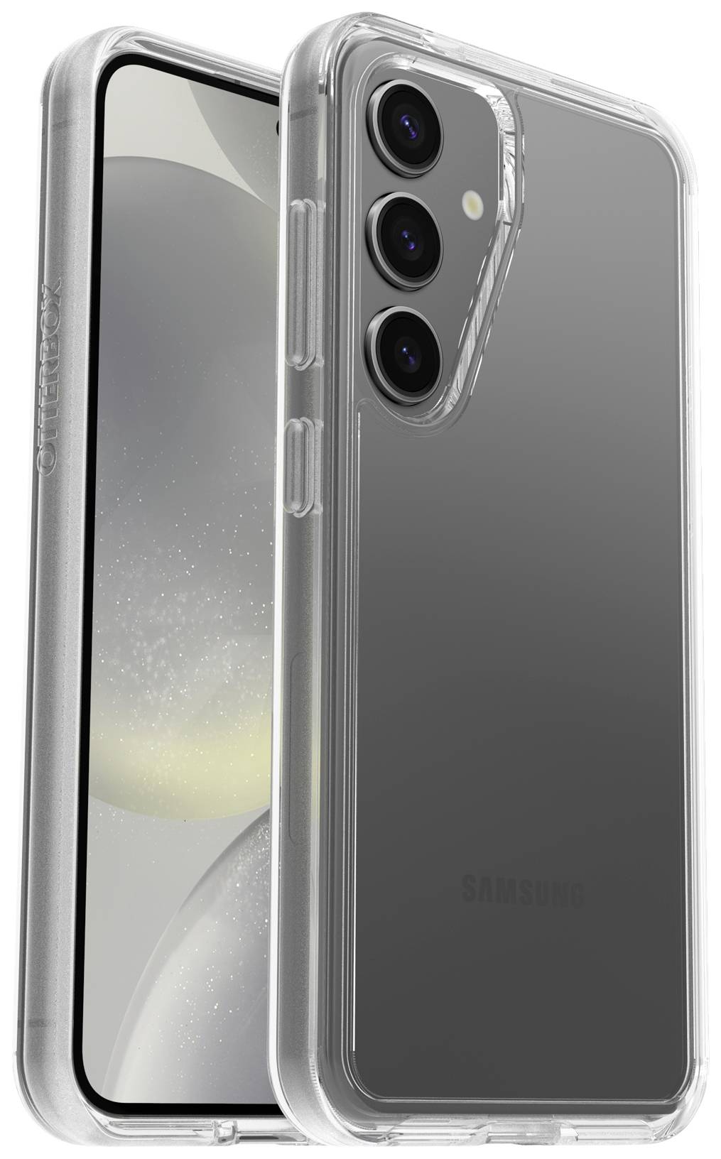 Transparante telefoonhoes beschermt een smartphone met drie camera's aan de achterkant. Strak design, minimalistisch en functioneel.