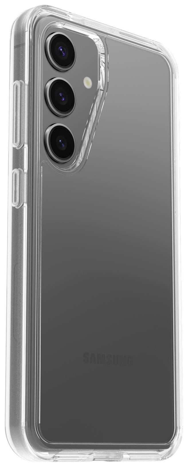 Transparante smartphone-hoes met drie camera-uitsparingen. Geschikt voor Samsung-apparaten, benadrukt zowel het design als de beschermende functie.