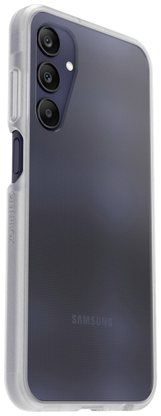Een smartphone met een transparante hoes die drie cameraleuses aan de achterkant laat zien.