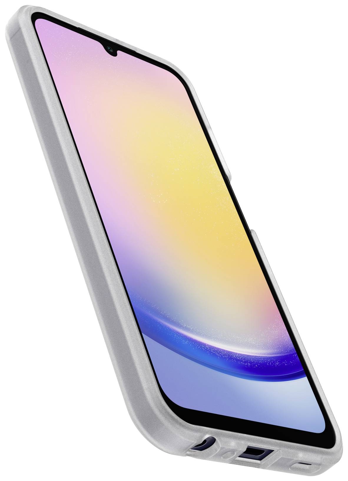 Smartphone met een blauw-geel display en een wit behuizing. Schuin aanzicht van onderen rechts.