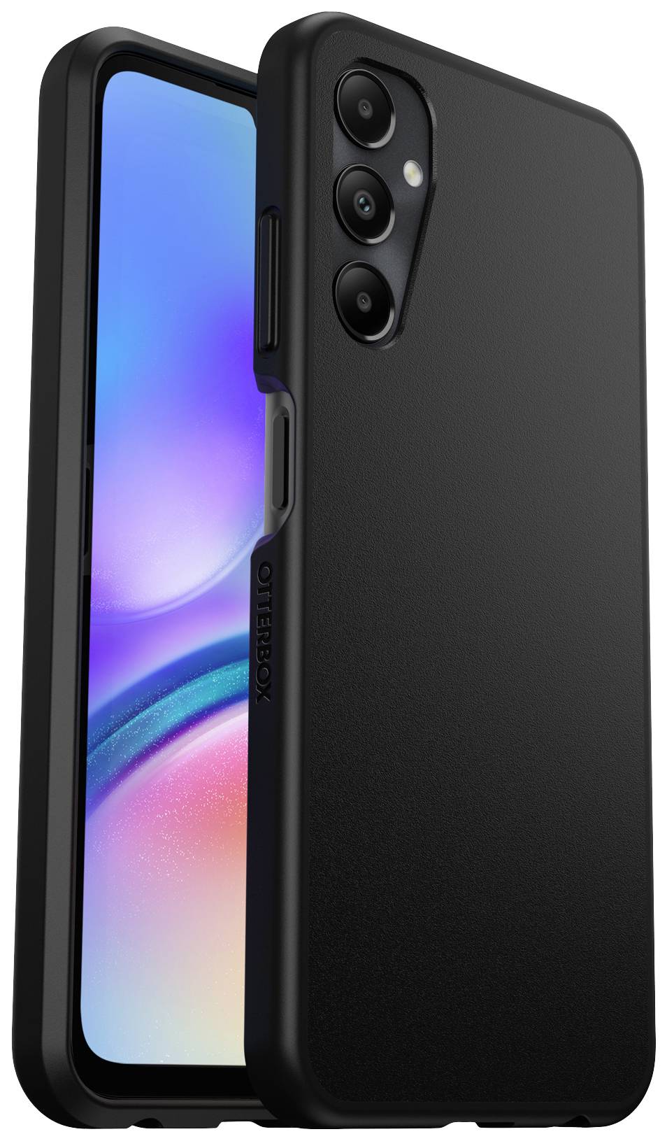 Zwart smartphone met een robuuste beschermhoes, drie cameraleansen en een helder, kleurrijk display.