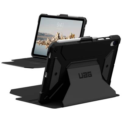 Zwarte tablet-beschermhoes op een tafel, met de tablet rechtop gezet. De hoes toont het "UAG"-logo en heeft een uitklapbare standaard.