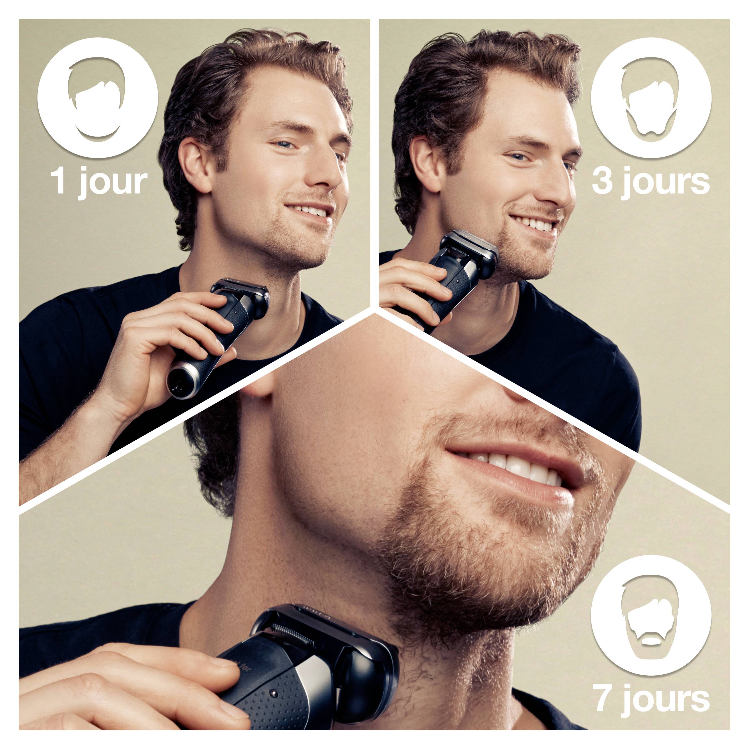 Een man scheert zijn baard met een elektrisch scheerapparaat. Tekst op de afbeelding toont '1 dag', '3 dagen', '7 dagen' voor vergelijking van baardlengte.