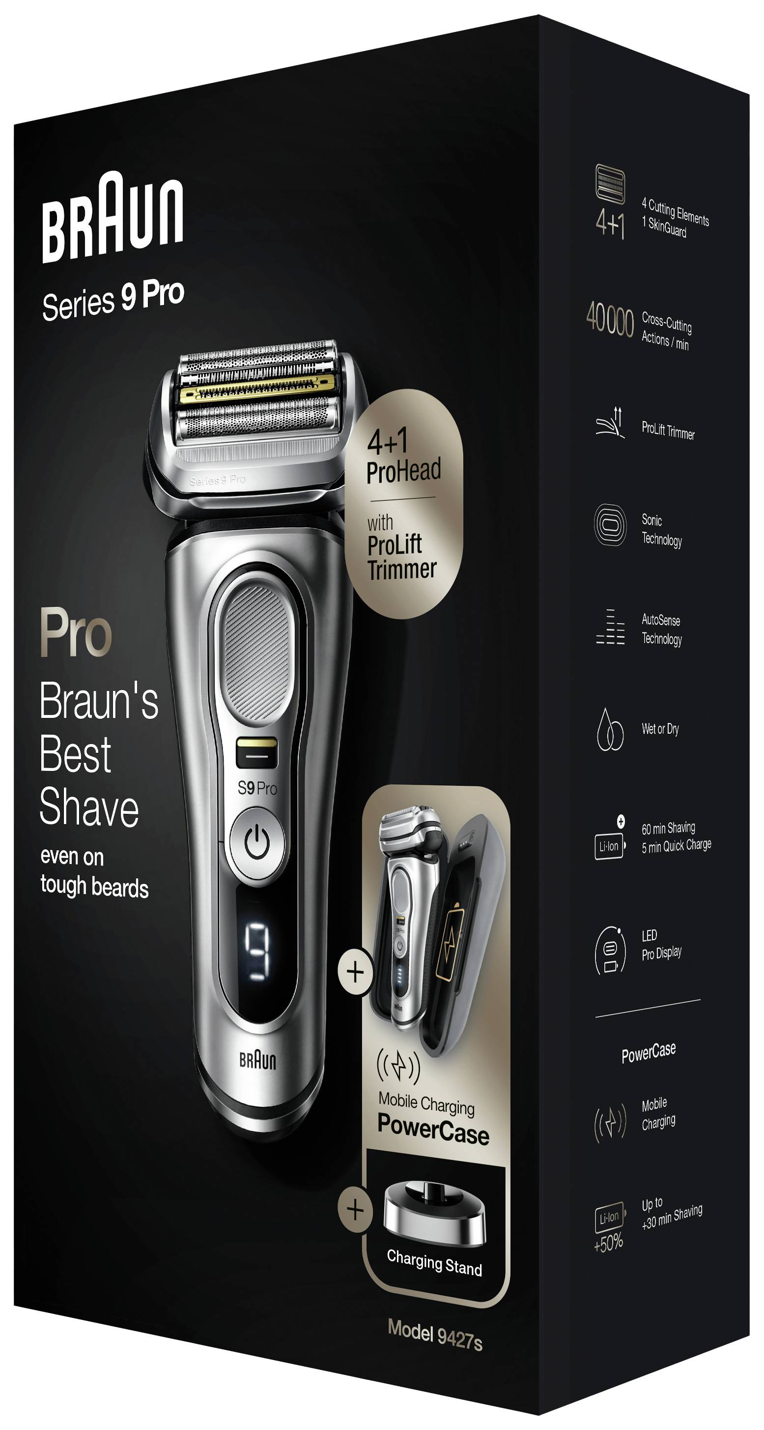 Elektrische scheerapparaat Braun Series 9 Pro in originele verpakking. Bevat 4-in-1 kop met ProLift-trimmer, oplader en PowerCase. Geschikt voor dikke baarden. Model 9427s.