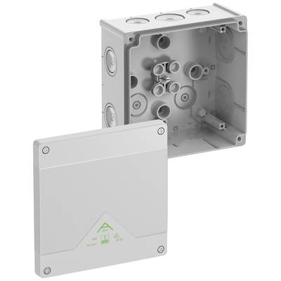 Grijze kunststof aftakdoos met afneembaar deksel, toont verschillende kabelgoten en bevestigingsgaten, ideaal voor elektrische installaties.