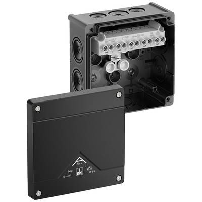 Een open kunststof aansluitdoos die interne elektrische klemmen en kabelinvoeren toont. Het deksel met 'IP65'-markering is verwijderd.