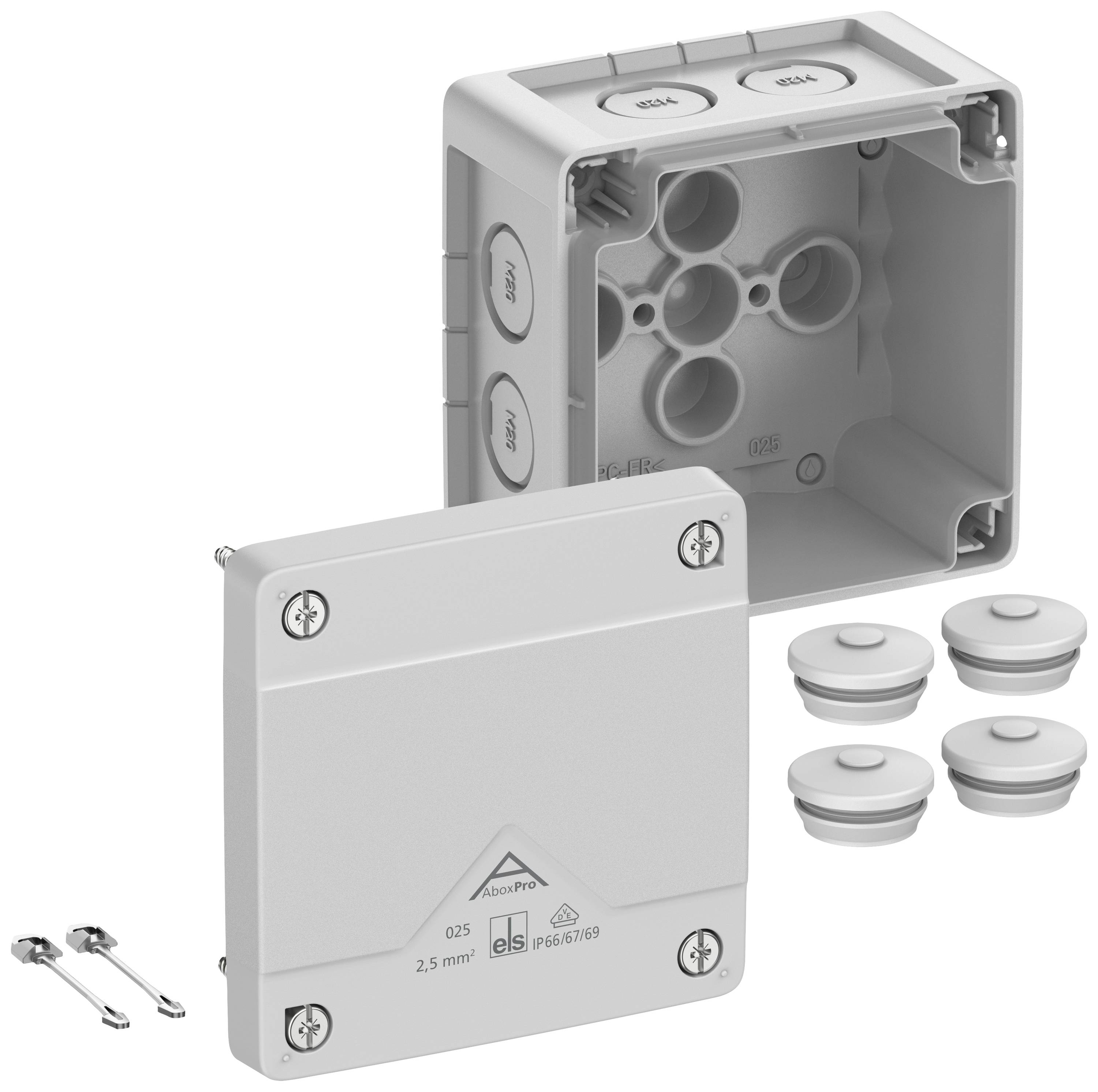 Elektrische aftakdoos met verwijderbare deksel, schroeven en afdichtingen. Vier kabelinvoerpunten zijn zichtbaar.