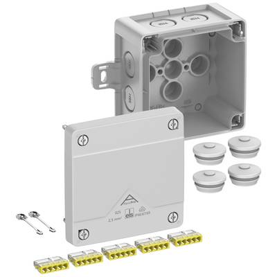 Grijs-witte aftakdoos met afneembare deksel, meerdere kabelinvoermogelijkheden en bijgeleverd toebehoren zoals schroeven en klemmen.