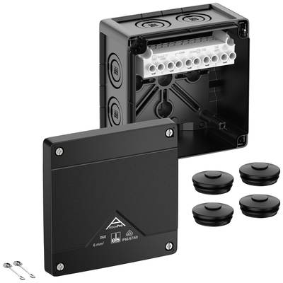 Elektrische stopcontact, geopend, toont de binnenbekabeling. Verwijderbare deksel ernaast, drie kabelinvoeren liggen apart.
