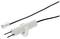 Witte temperatuursensor met twee metalen pennen en zwarte kabel, eindigend in een transparante RJ11-connector.