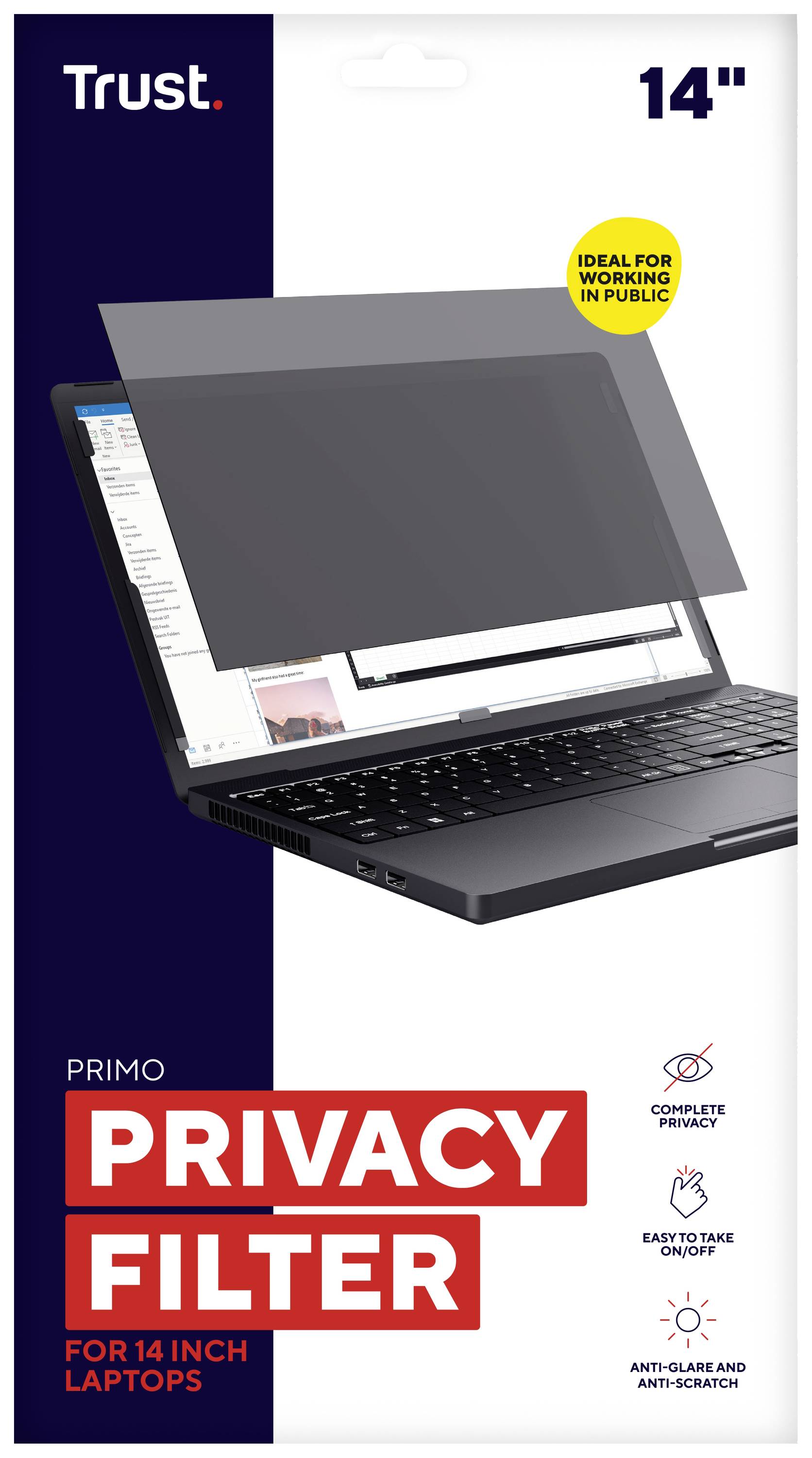 Privacyfilter 'Trust' voor 14-inch laptops. Beschermt tegen nieuwsgierige blikken en krassen. Ideaal voor werken in het openbaar.