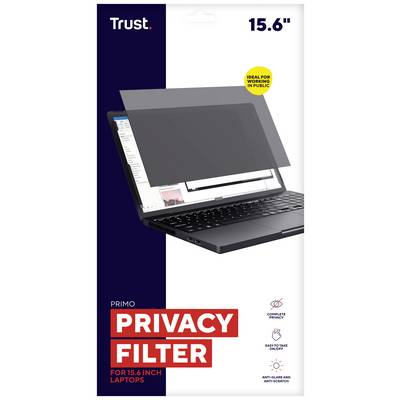 Verpakking van een Trust Privacy Filter voor 15,6-inch laptops. Productkenmerken: Privacyscherm, Anti-reflectie, Krasbestendig.