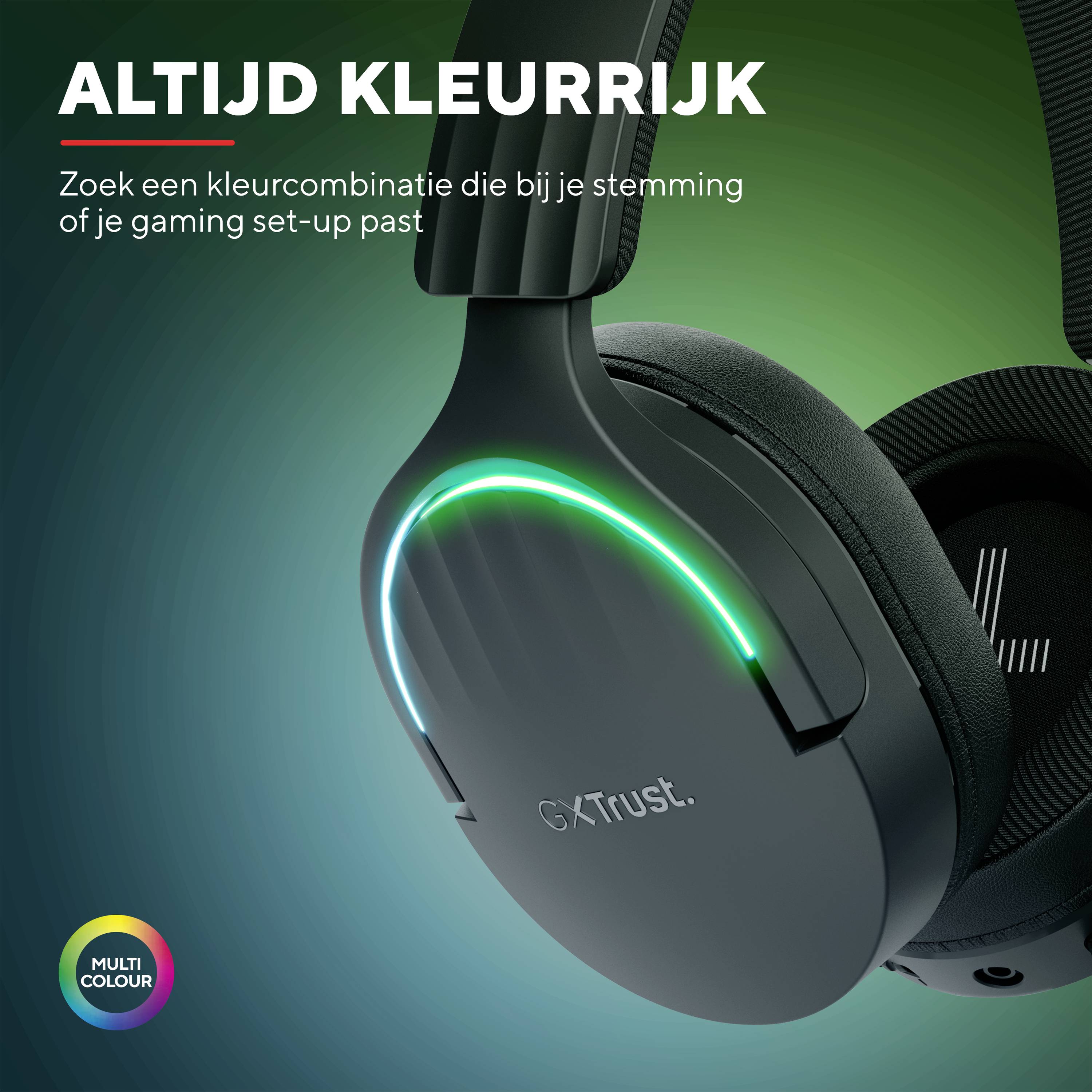 'Kleur bekennen' toont een paar gaming-headsets met gekleurde LED-verlichting, geschikt voor verschillende gaming-setups.
