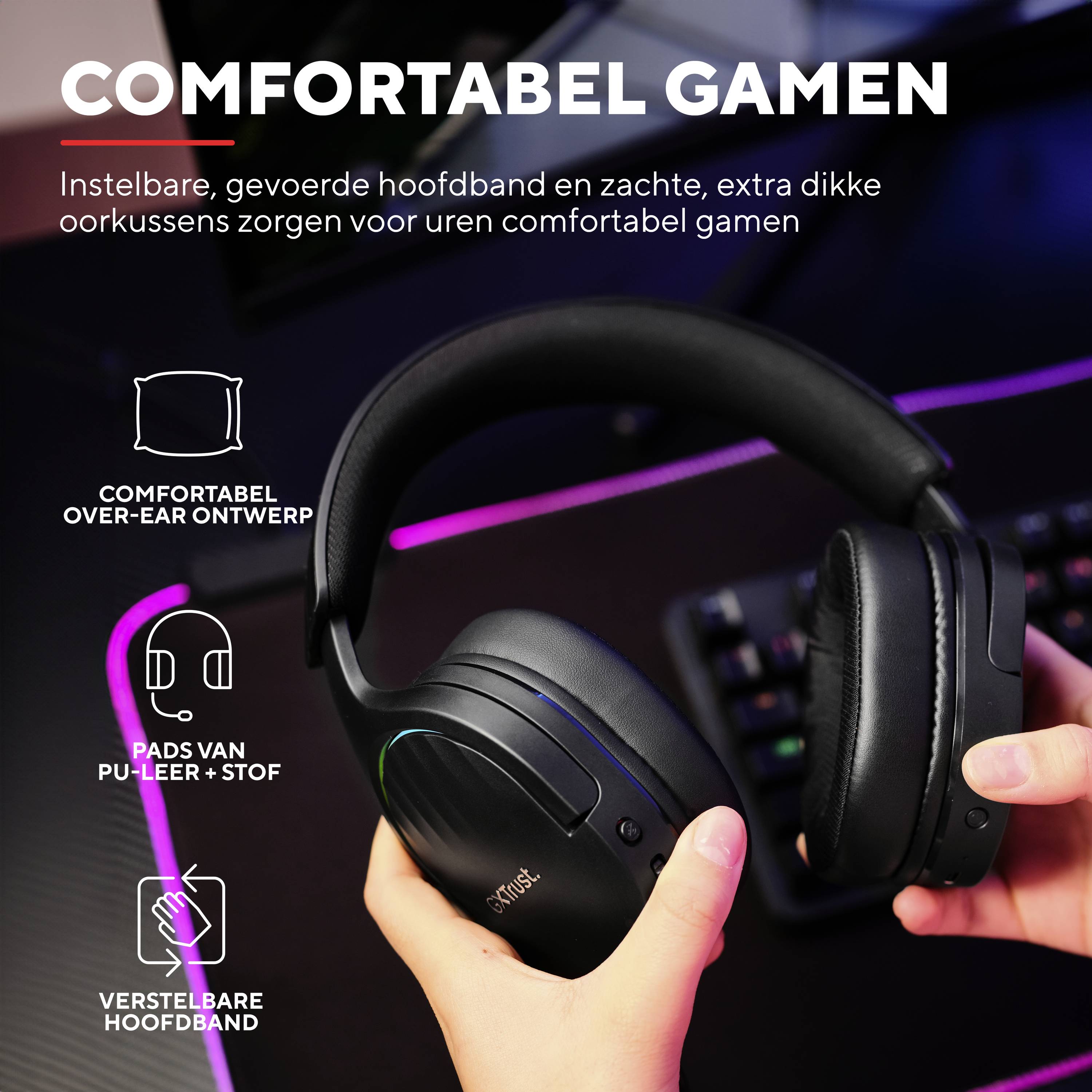 Zwarte over-ear koptelefoon met gewatteerde hoofdband en stoffen oorkussens; Tekst: 'Comfortabel gamen'. Nadruk op comfort en design.