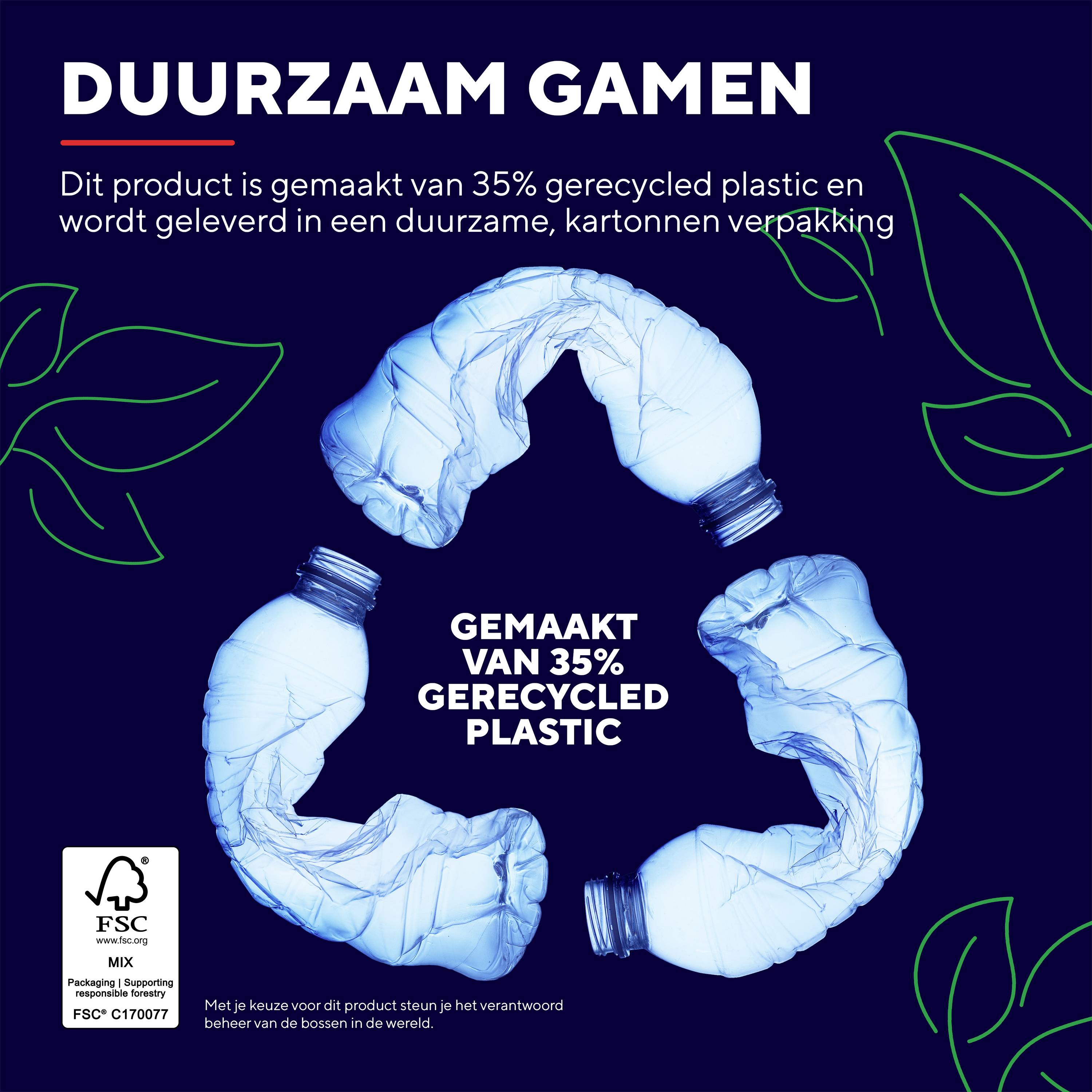 'Screenshot van een poster voor duurzaam gamen. Een cirkel van plastic flessen vult het midden. Tekst: "35% gemaakt van gerecycled kunststof".'