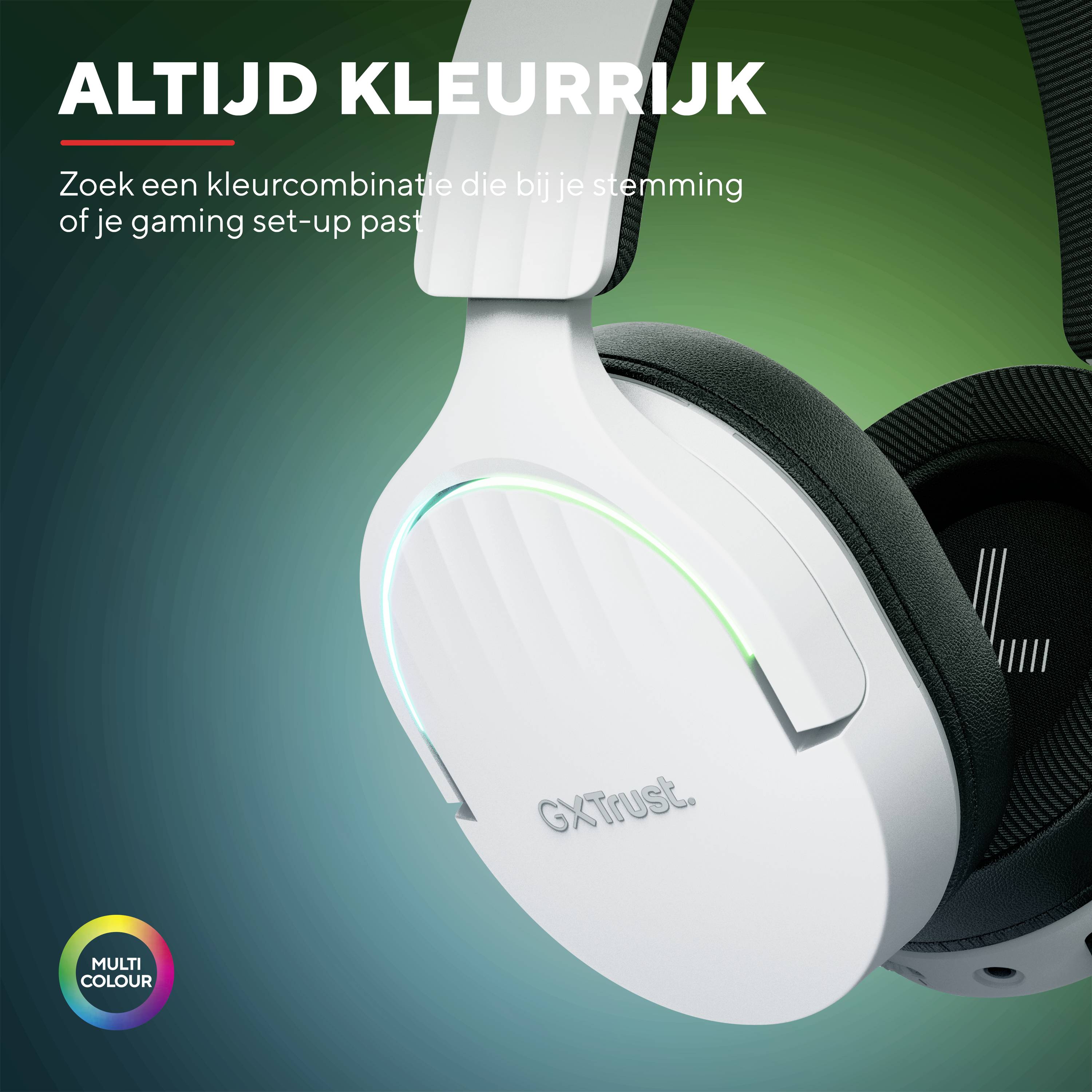 'Kleur bekennen' toont witte gaming-headsets met meerkleurige verlichting die geschikt zijn voor verschillende gaming-opstellingen.