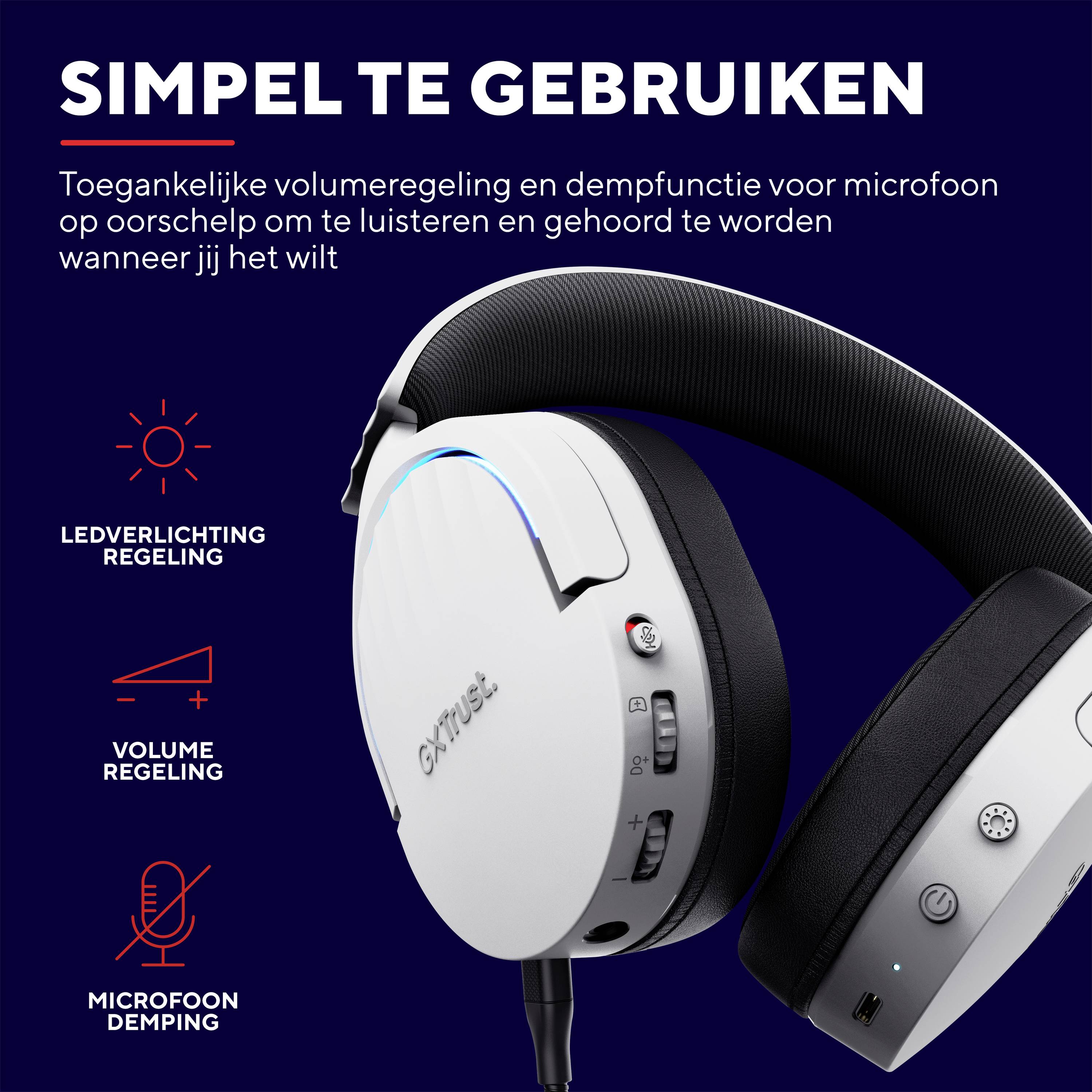 Afbeelding van een witte koptelefoon met zwarte beugelconstructie en bedieningselementen. Tekst: 'Gebruiksvriendelijk' - Functies uitgelegd.