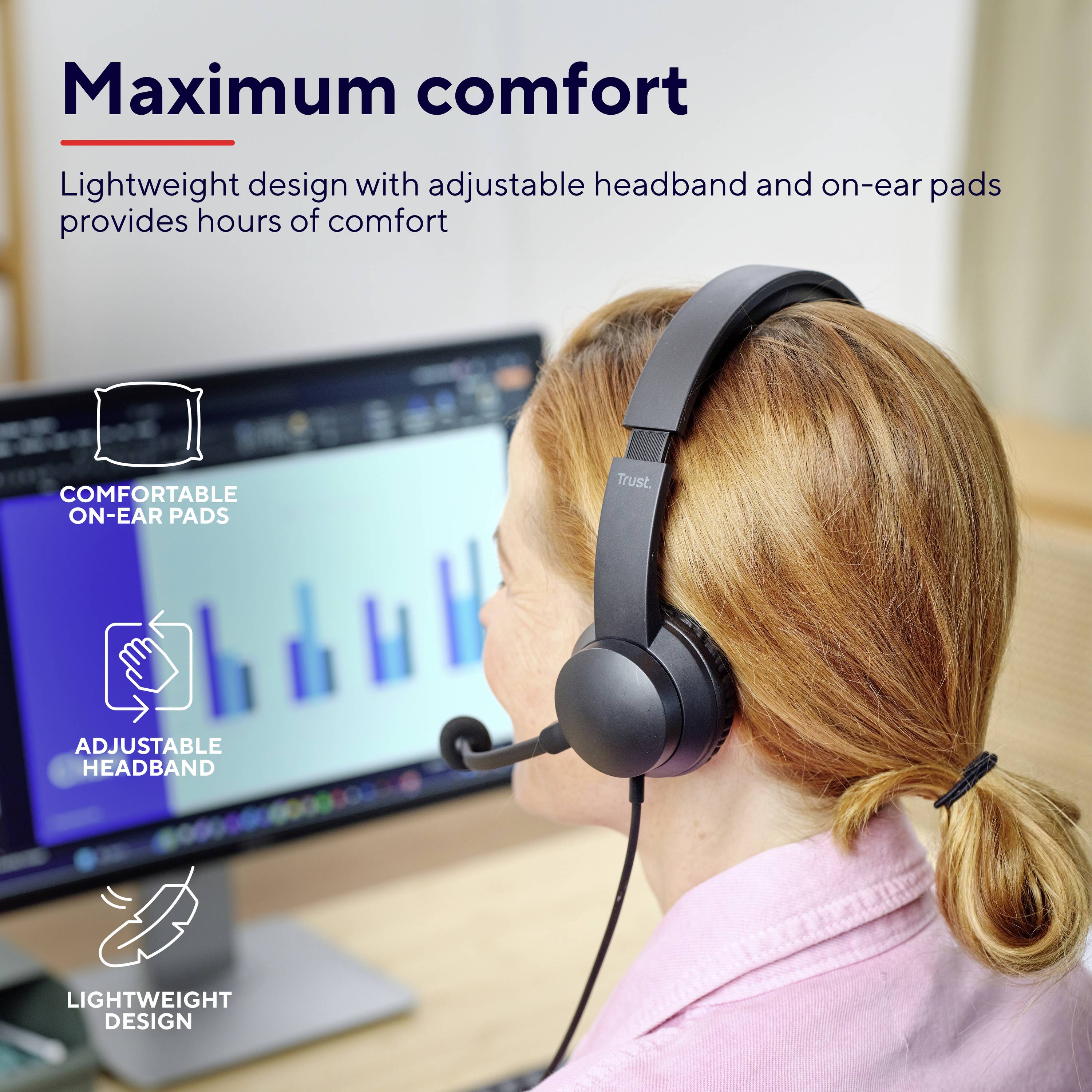 Persoon met koptelefoon zit voor een computerscherm met een staafdiagram. Tekst 'Maximaal comfort: Lichtgewicht ontwerp'.