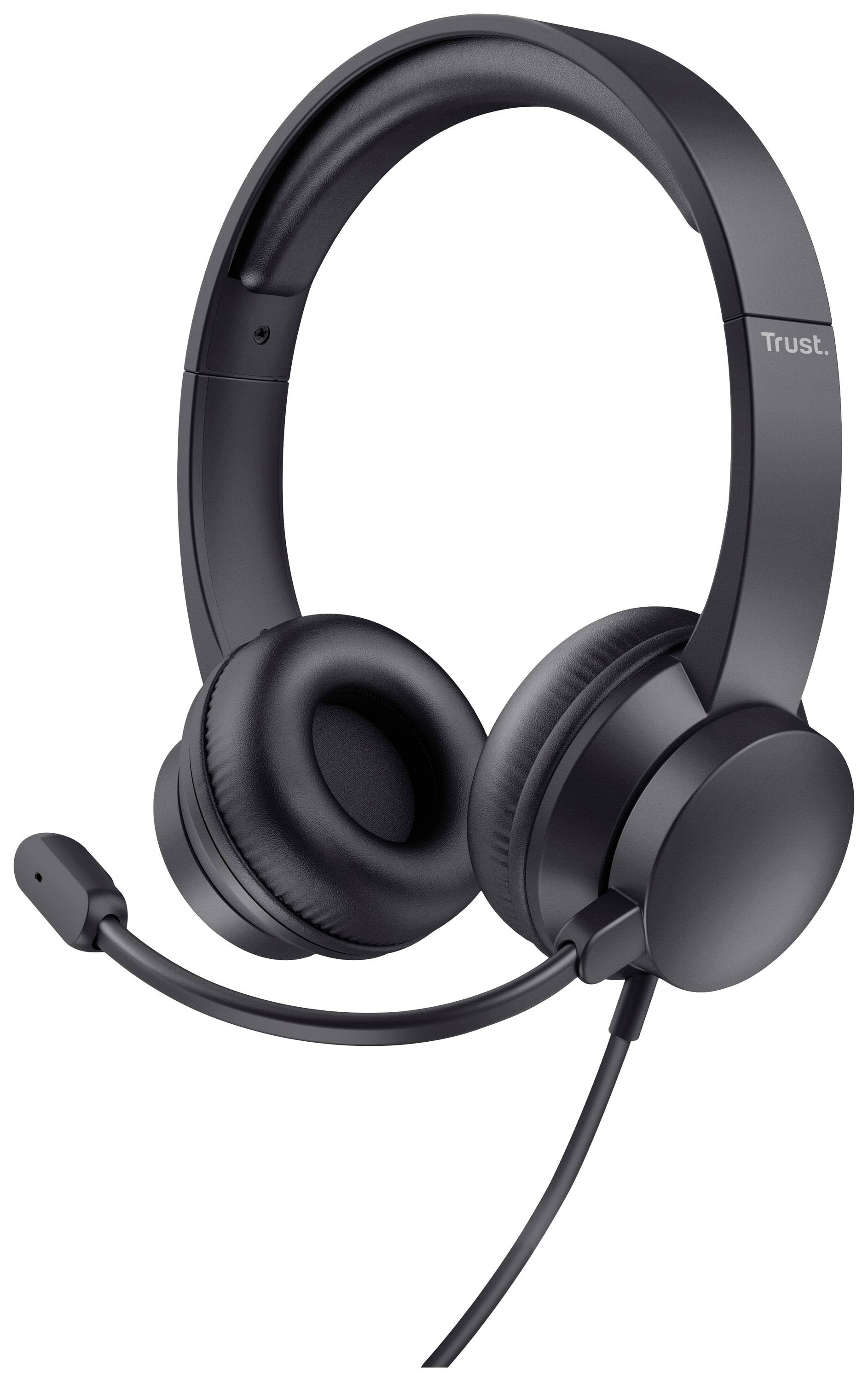 Zwart over-ear headset met microfoonarm, geschikt voor communicatie of audio. Elegant design, bedraad.
