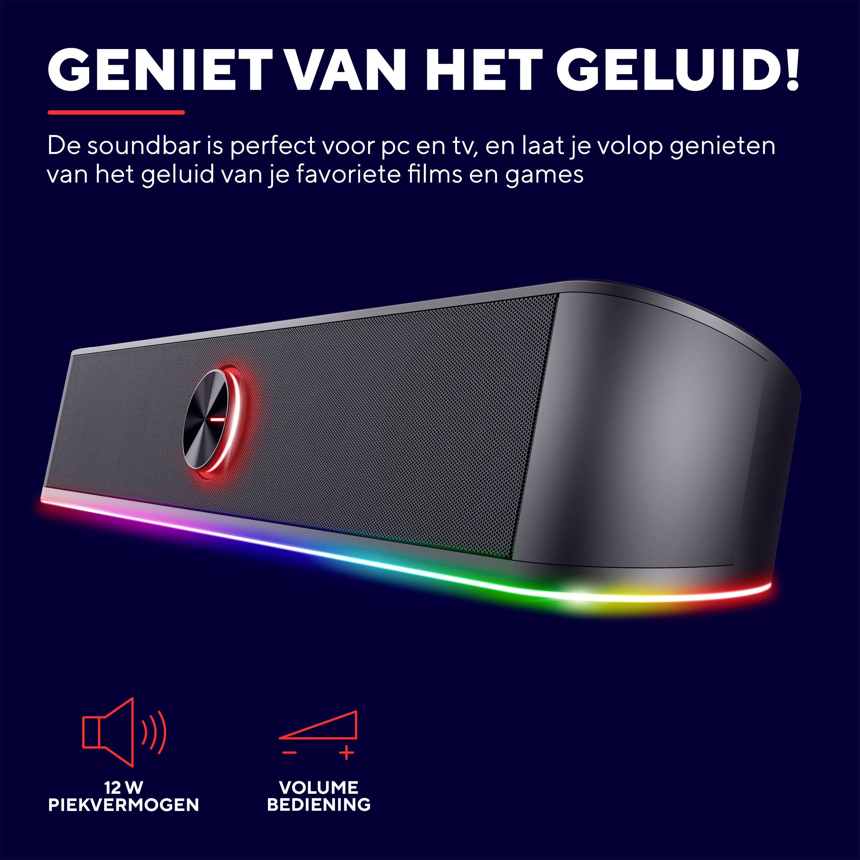 Een zwarte soundbar met LED-verlichting en tekst 'Geniet van het geluid! 12 W piekvermogen, volumeregeling.'