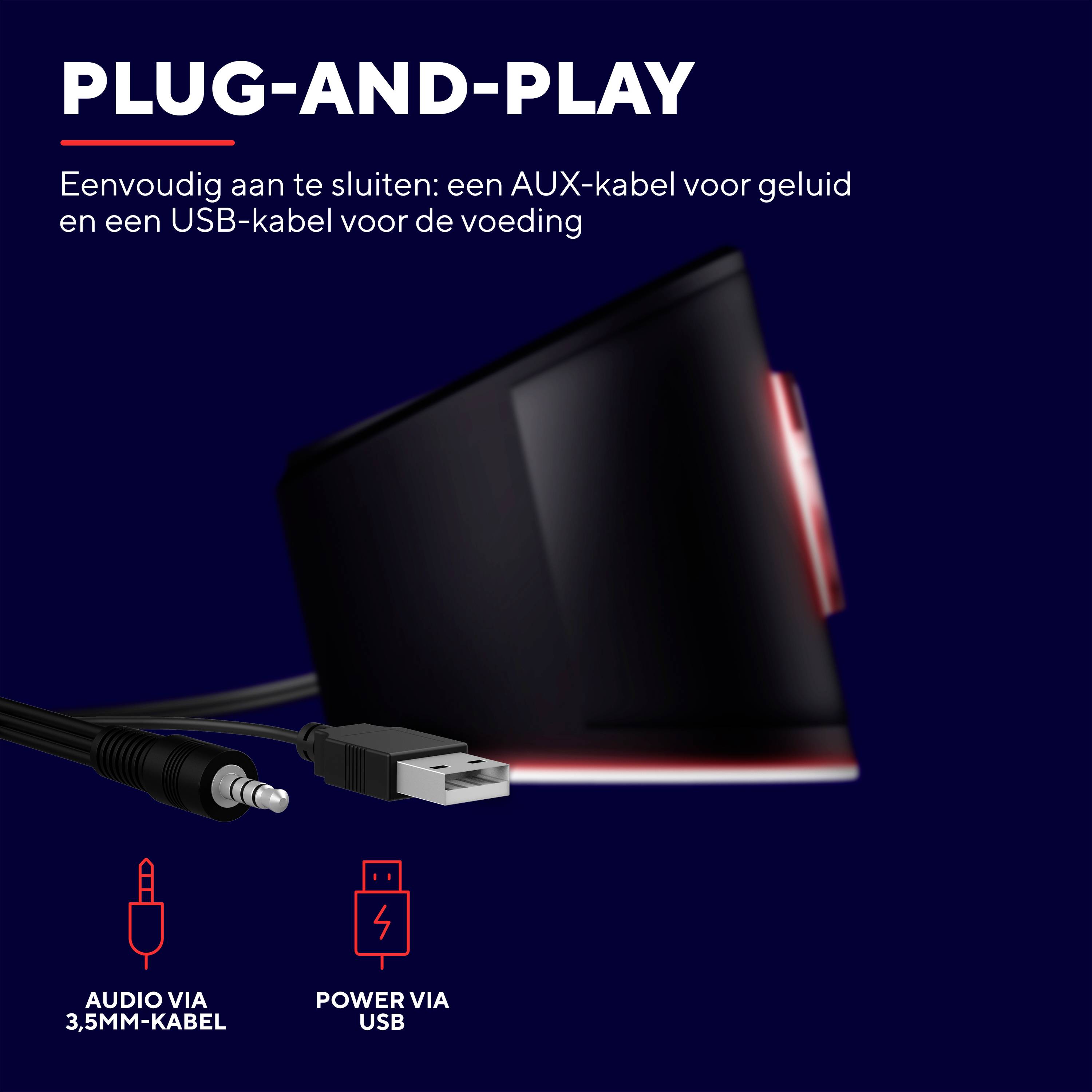 'Plug & Play': Een apparaat met eenvoudige aansluiting: Audio via 3,5-mm-AUX-kabel en stroomvoorziening via USB-kabel.