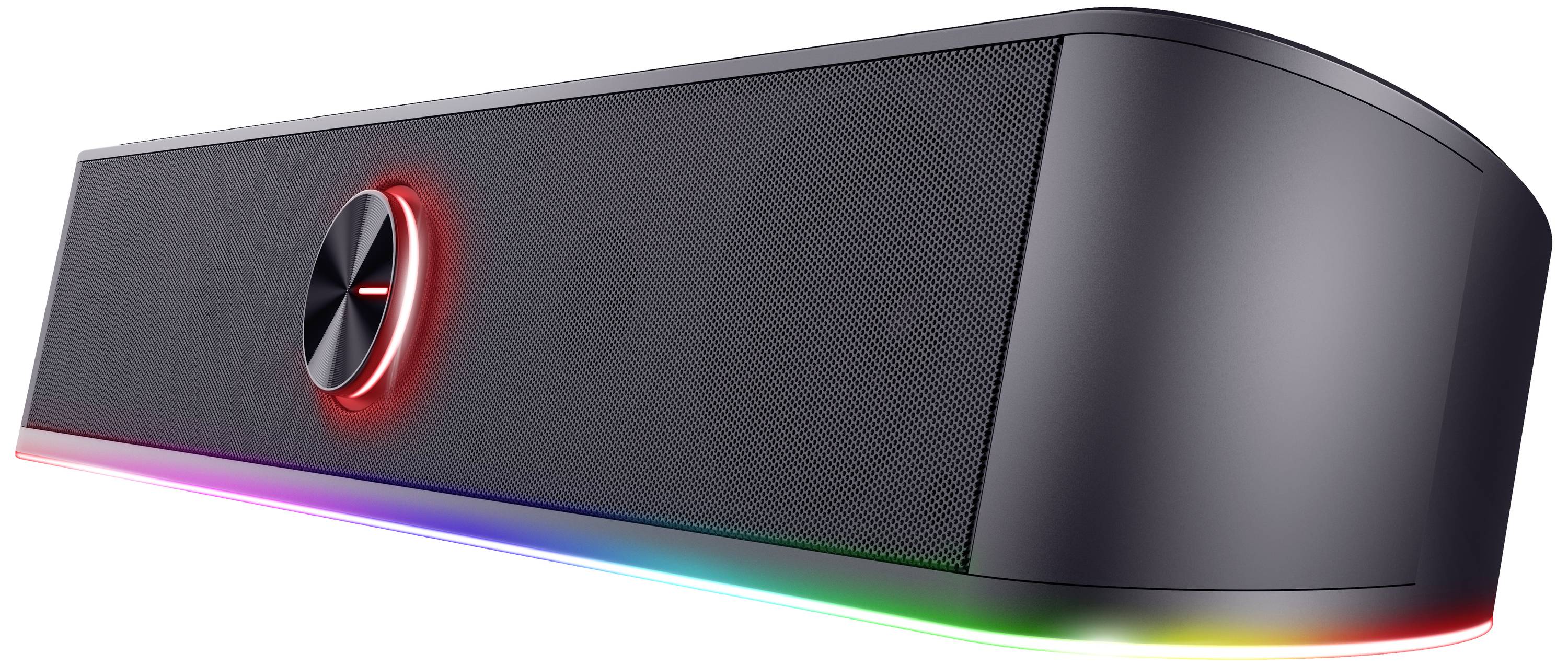 Zwarte soundbar met een oplichtende LED-lichtstrip in regenboogkleuren en een centrale knop met een rode ring aan de voorkant.