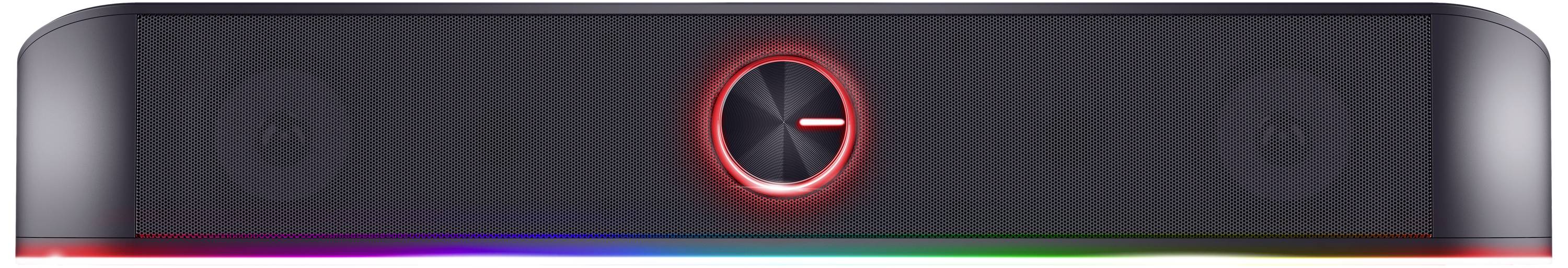 Zwarte luidspreker met een centraal, verlicht bedieningselement en LED-verlichting aan de onderkant die in verschillende kleuren schittert.