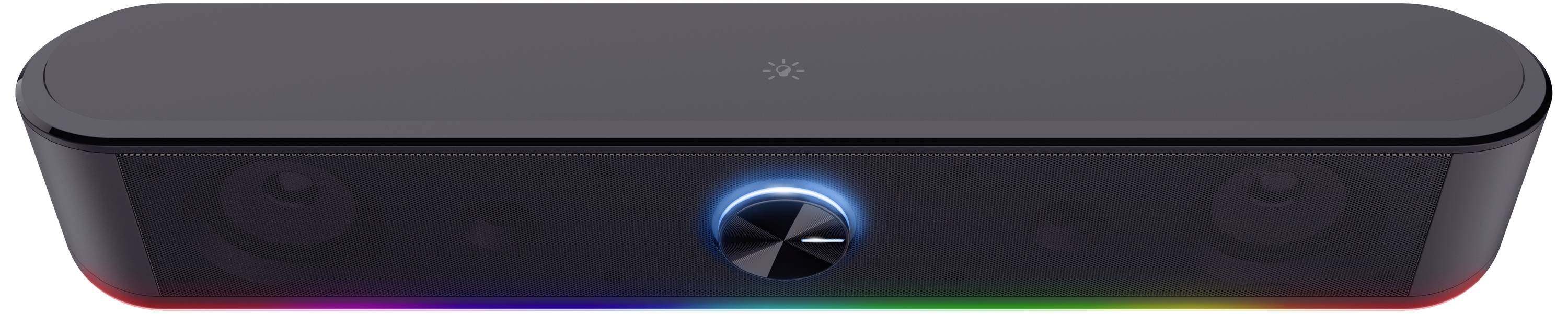 Een zwarte soundbar met een verlichte volumeregelaar in het midden en regenboogverlichting onderaan.