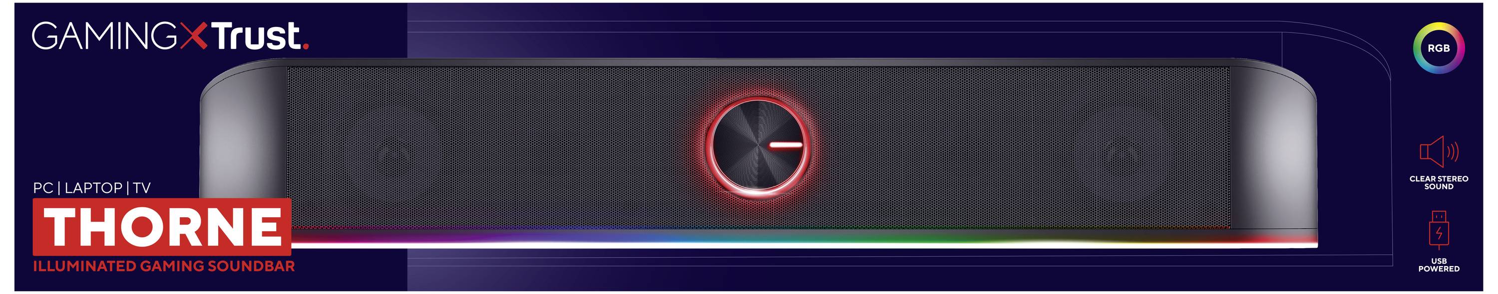 Soundbar met RGB-verlichting en rode accenten. Merk 'Trust' met model 'Thorne'. Geschikt voor gaming-opstellingen.
