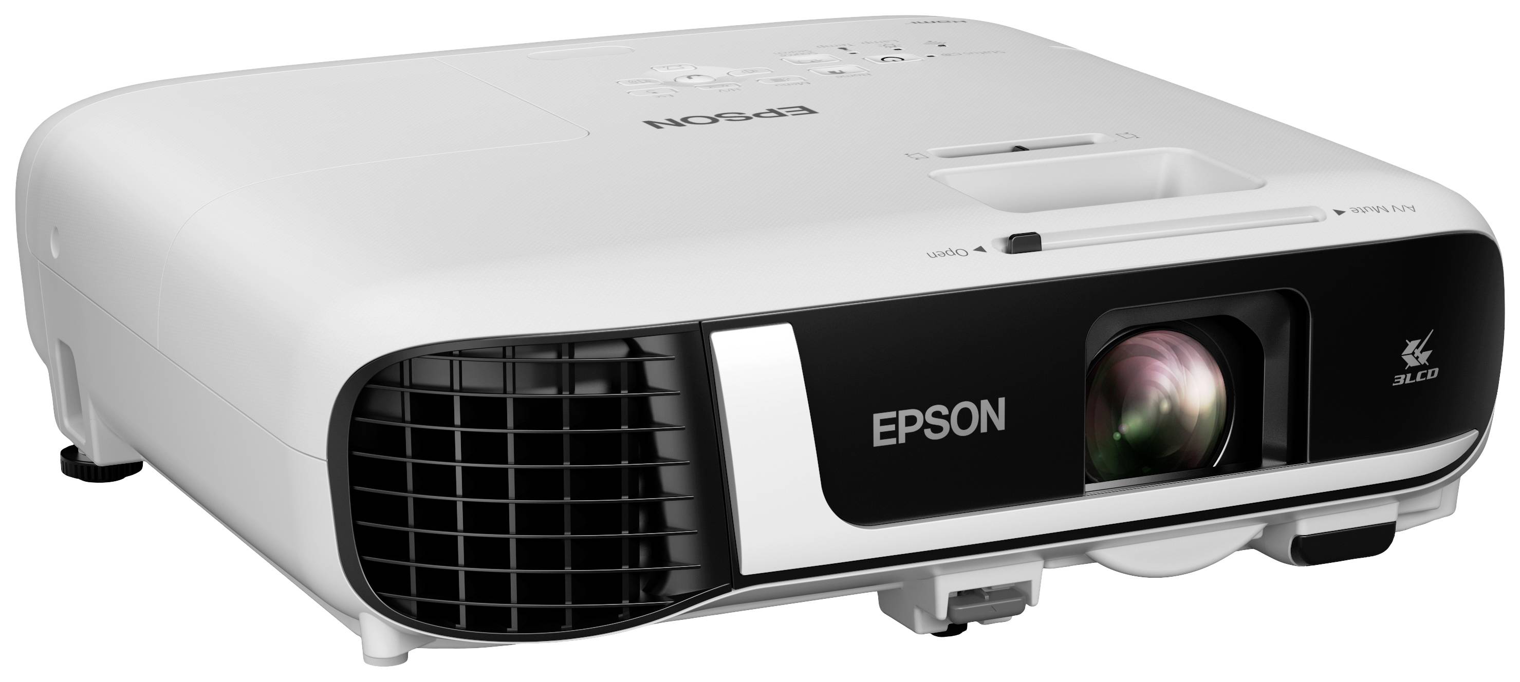 Een witte Epson-projector, geschikt voor presentaties, met grote ventilatiesleuven en een zichtbare lens op een lichte achtergrond.
