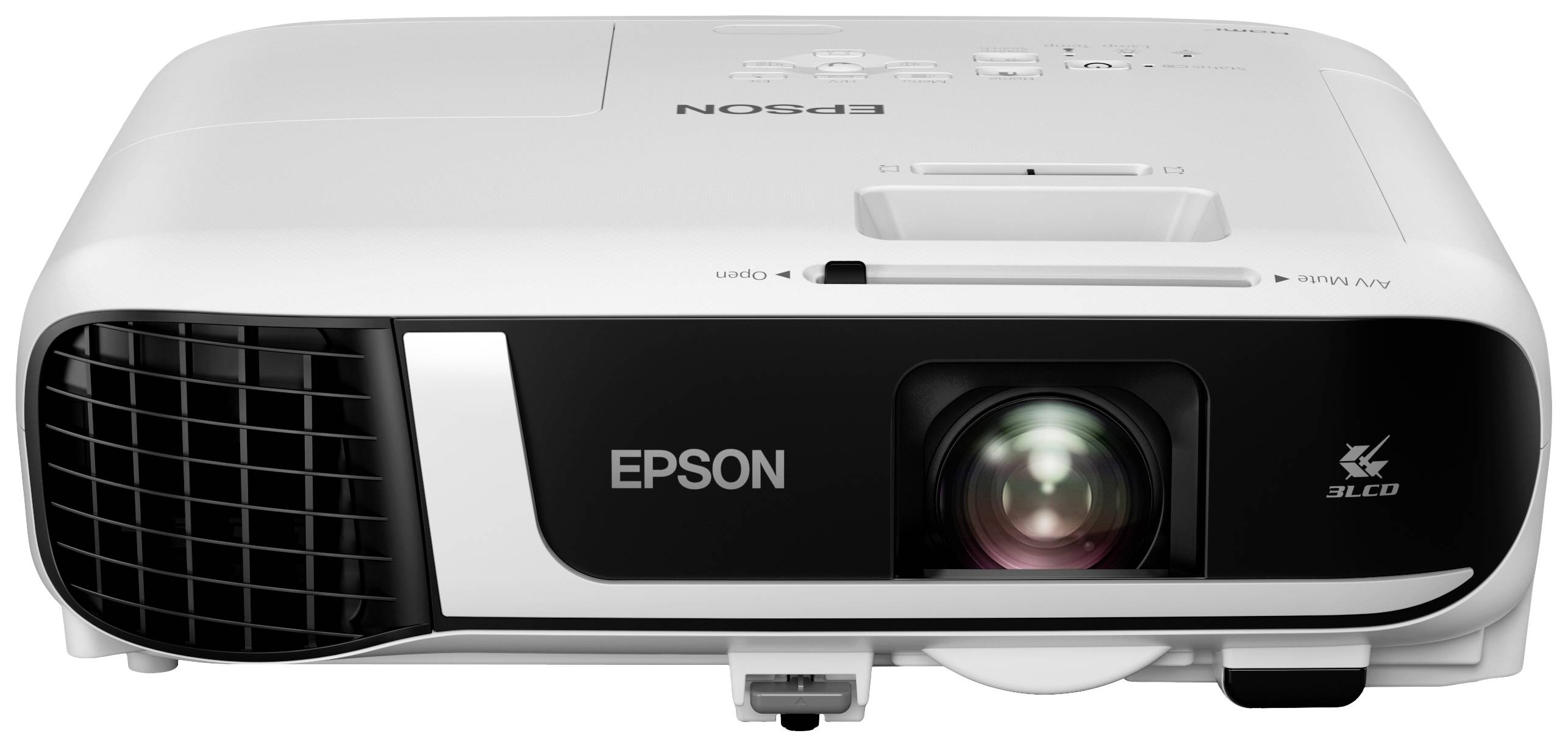 Een witte Epson-projector met 3LCD-technologie, vooraanzicht.