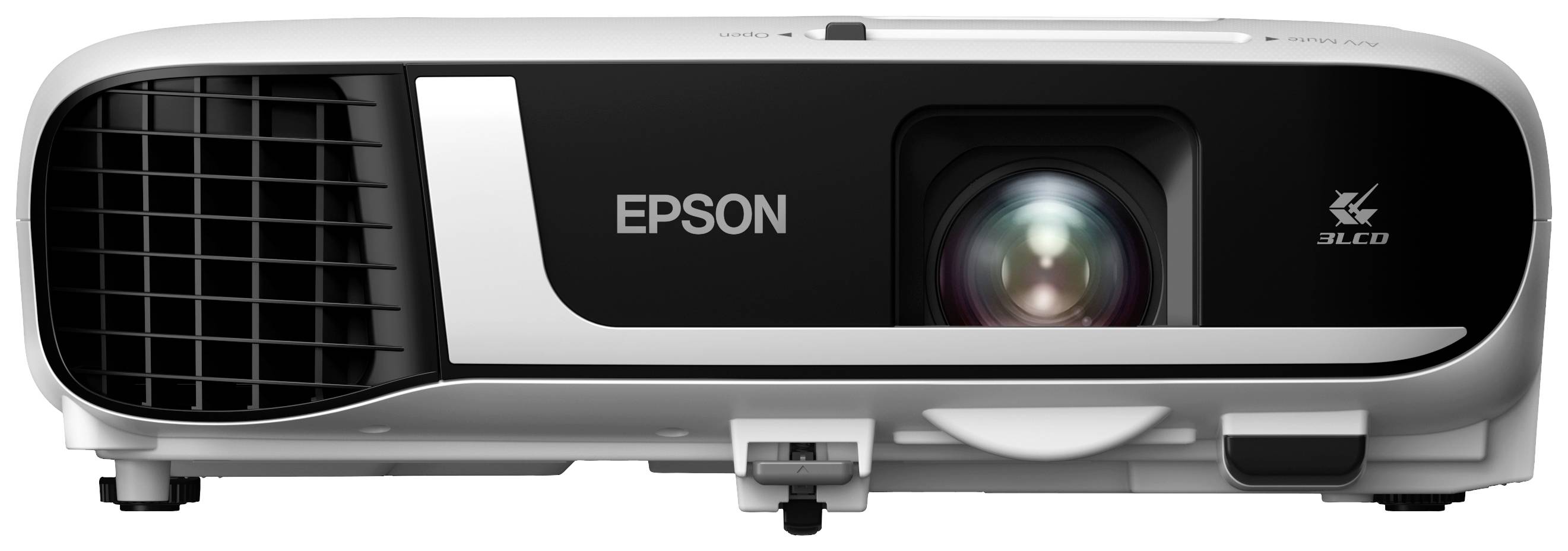Een zwarte en witte projector met het 'Epson' logo in het midden. Links ventilatiesleuven, rechts een groot objectief.