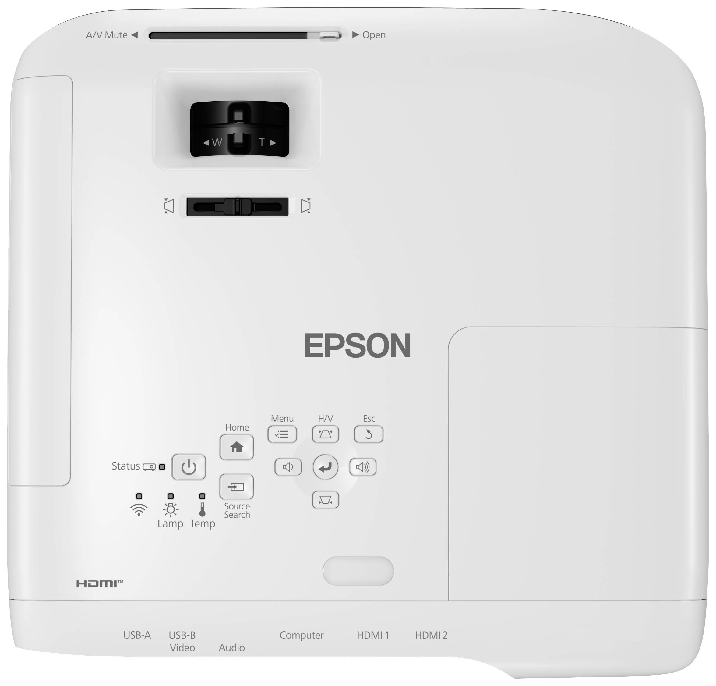 Een witte Epson-projector met toetsenblok, HDMI- en USB-aansluitingen, evenals statusaanduidingen voor lamp en temperatuur.